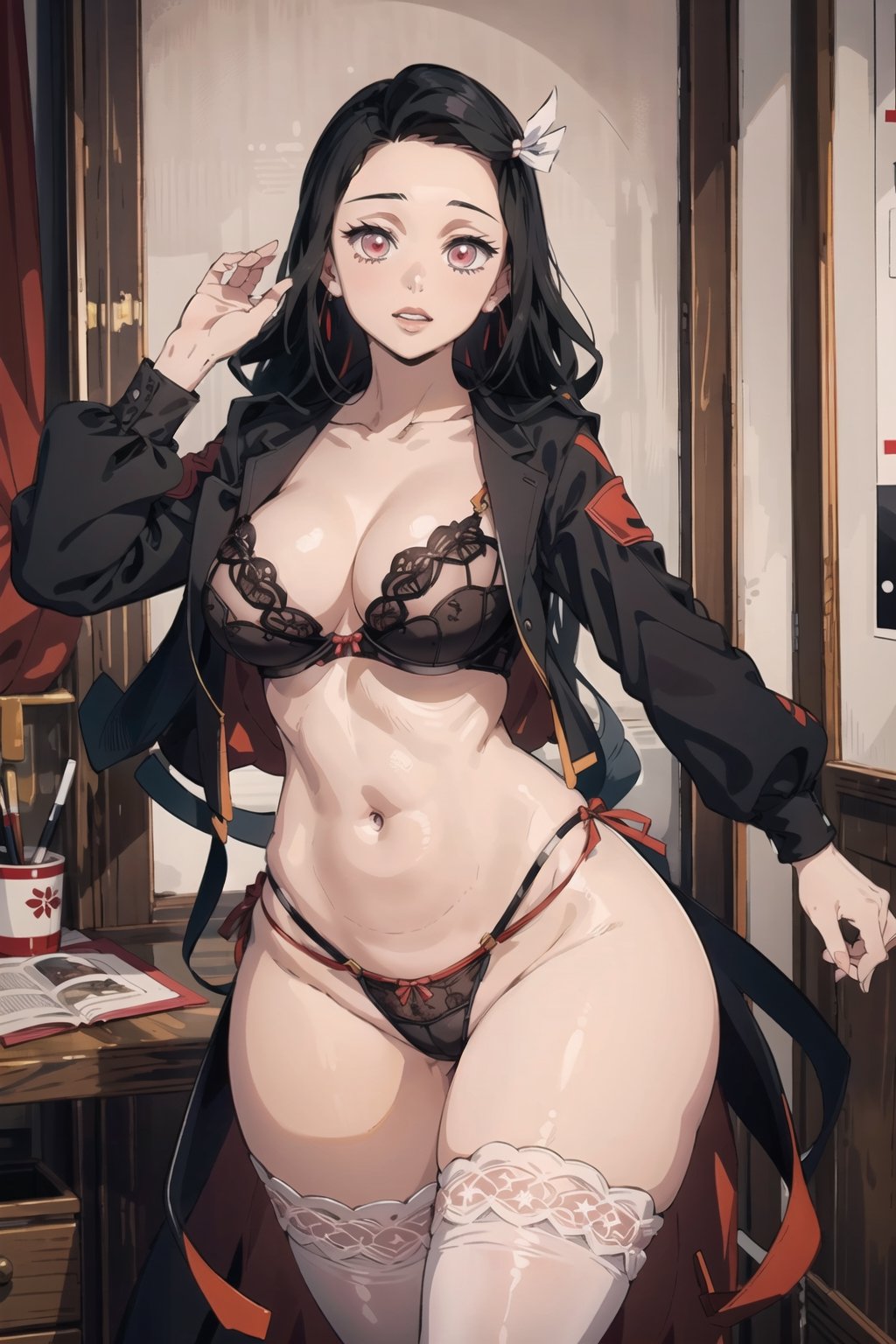 1girl, 19 years old, 2d, Illustration, (High Resolution), High Quality, Perfect LineArt, high_resolution, masterpiece, anime, full body,  masterpiece, best quality, highly detailed, ultra-detailed, nezuko, ((medium breasts)), round _boobs, petite_girl, ((curvy_figure)), nezuko, cowboy_shot, medium_shot, background_room, upper_body, pushup bra, big_hips, dynamic pose, ((sexy lingerie)), lingerie red and black, t-string, ,((nezuko)), red_eyes,  