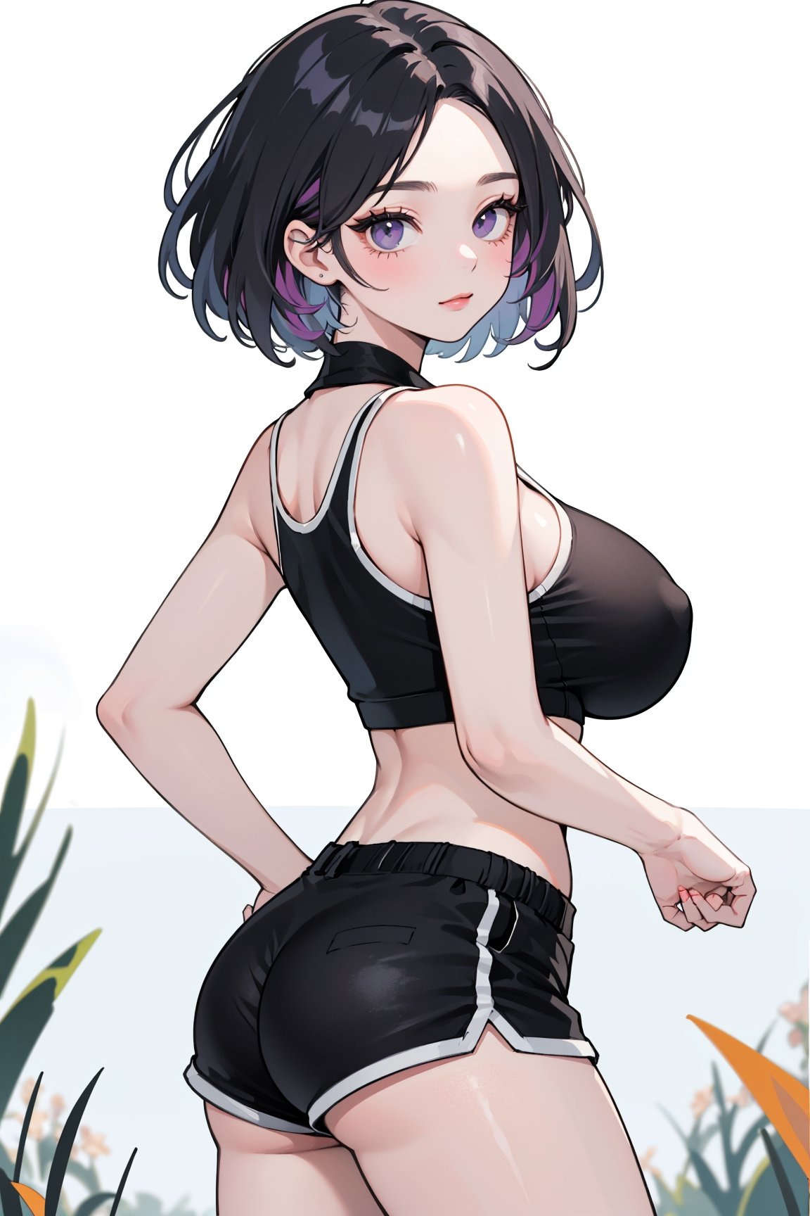 (masterpiece, best quality, highres:1.3), ultra resolution image, (solo), (1girl), formad hair:1.4, forehead, short hair syle, tomboy, violet hair, simple --niji, kpop girl, on field, (dolphi_shorts:1.3, black shorts), huge breast, large hips, mature girl, kawai v pose, victory, :3, face close to viewer, fall in love to viewer,