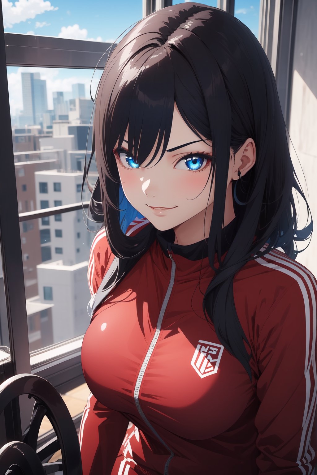 1girl, blue eyes, dark blue hair, red suit, smirk, self_shot, gym background, ((masterpiece, best quality, highres:1.4)), vibrant, 8k, fine details, perfect anime anatomy,cloudstick