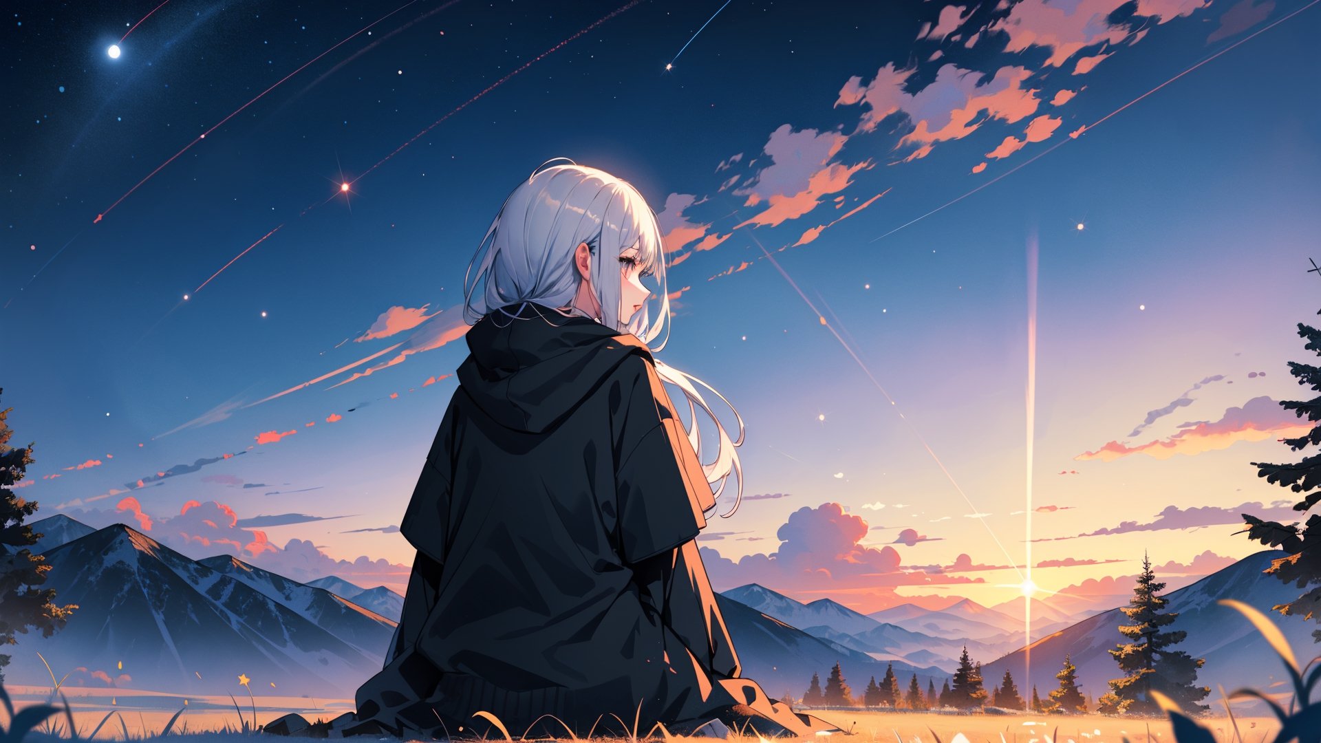 (masterpiece, best quality, highres:1.3), ultra resolution image, (solo), (1girl), (very long hair, silver hair), outdoors, starry sky, (scenery:1.2), milky way, night, star trail, cloud, mountain, night sky, black hooded robe, silhouette, (from behind:1.2), girl looking sky, extremely detailed CG unity 8k wallpaper, moon, dramatic lighting, light particles, girl sitting on ground, mountainous horizon, sunset, field,