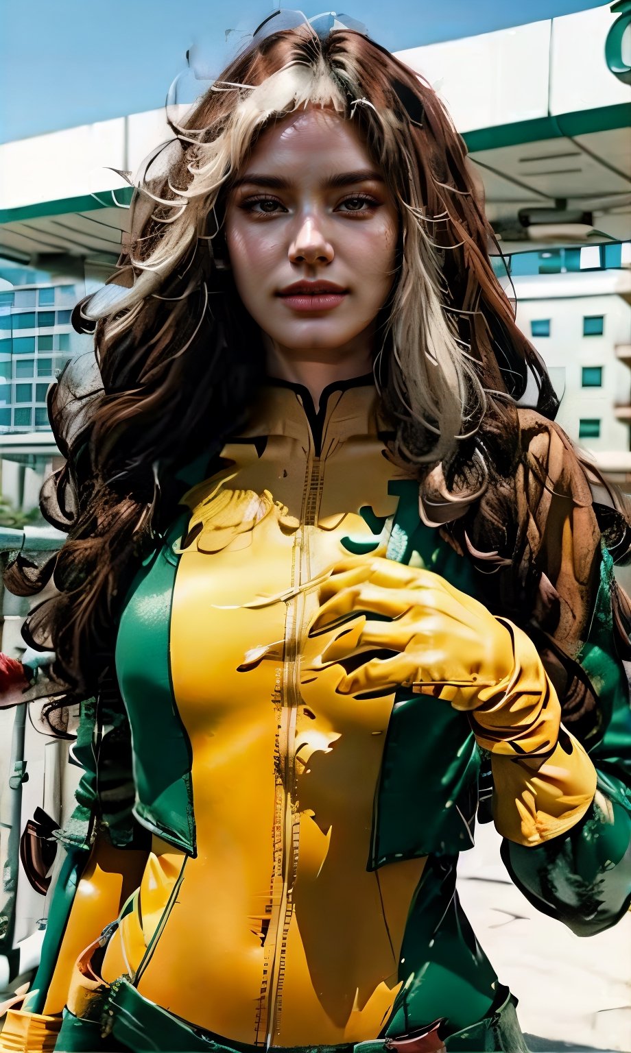 (glamour1.3) photo of a beautiful young smirking Rogue, red messy hair with white bangs, BREAK wearing green with yellow Superhero outfit, (blush, blemishes:0.5), (goosebumps:0.5), subsurface scattering, detailed skin texture, hourglass body shape, textured skin, realistic dull skin noise, visible skin detail, skin fuzz, glossy skin, remarkable color, better_hands, photorealistic, (fighting pose), upper_body from hips, natural_lighting, rule_of_thirds, Fujicolor_Pro_Film,