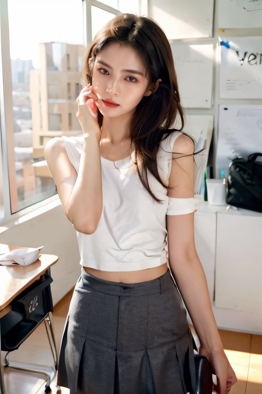 (beauty:1.3) photo of a beautiful woman\(girlfriend\), 1girl, perfect fingers, (blush, blemishes:0.6), (goosebumps:0.5), subsurface scattering, detailed skin texture, textured skin, realistic dull skin noise, visible skin detail, skin fuzz, dry skin, exposed_face, (petite, photorealistic, photorealism:1.37), BREAK wearing black with yellow jp_school_uniform, pencil_skirt, BREAK (upper_body frame:1.3), dynamic_pose, gdminteriorti luxury modern interior design, classroom, soft bounced lighting, rule_of_thirds,