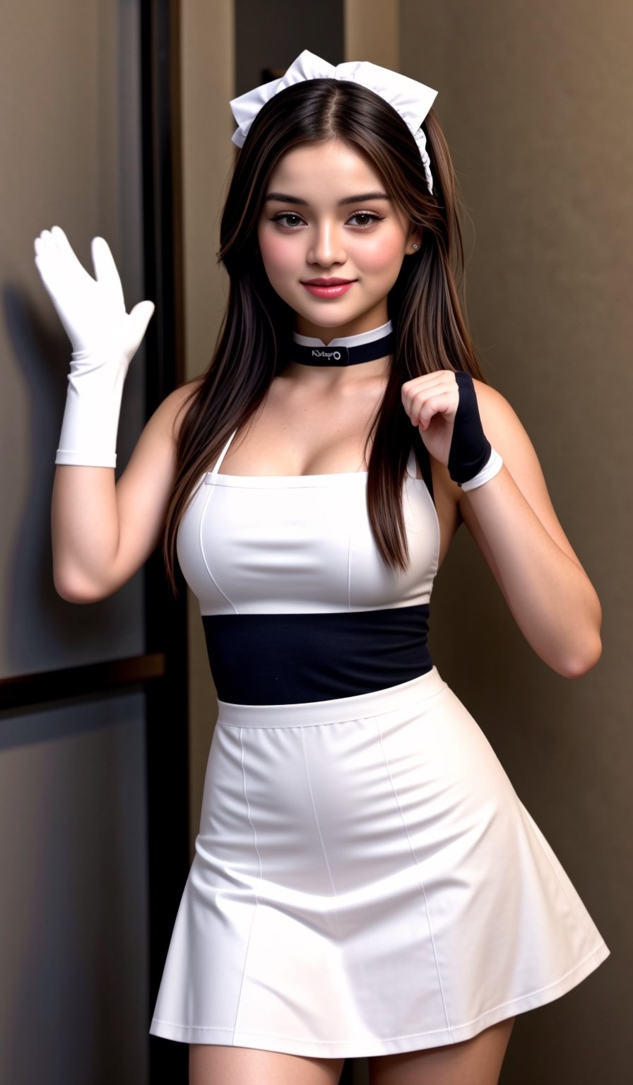 (((glamour-photo)))-of-1girl, irresistible-preteenage-bishoujo, smile, bombshell-body, detailed-skin, (((Ultra-HD-details, Ultra-HD-detailed, Ultra-HD-realistic))), remarkable-colors, bbbelfast, aged down, small breasts, maid headdress, blue choker, blue ribbon, frills, maid, sleeveless, white apron, waist apron, white gloves, elbow gloves, dynamic-stripper-poses, (((relaxed, supporting-pose))), cinematic-lighting, fabetwns, Daughter of Dragon God,<lora:659111690174031528:1.0>