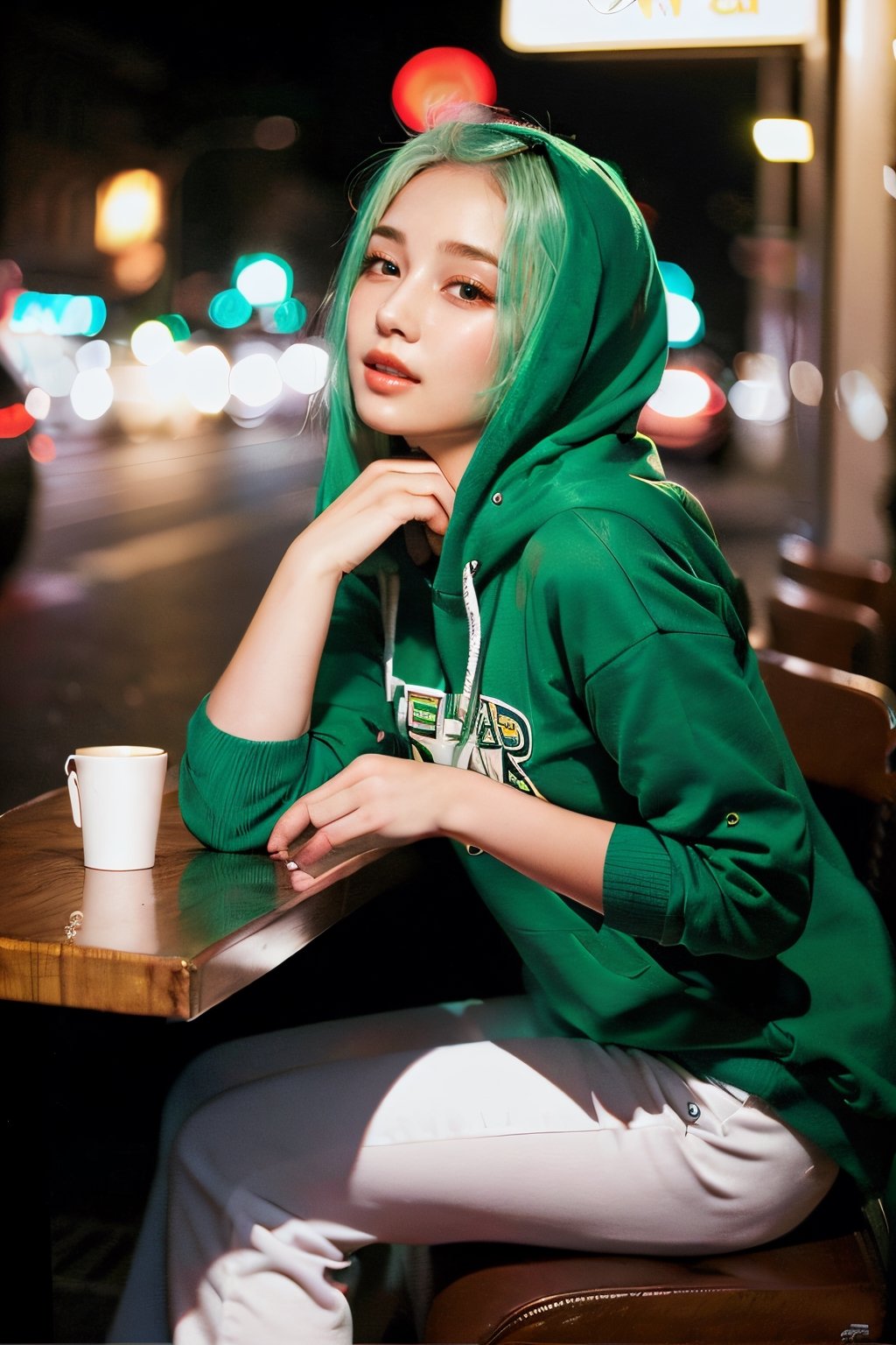 (beauty:1.3) photo of a beautiful woman\(girlfriend\) in her preteens, 1girl, white-turning-green hair, perfect fingers, (blush, blemishes:0.6), (goosebumps:0.5), subsurface scattering, detailed skin texture, textured skin, realistic dull skin noise, visible skin detail, skin fuzz, dry skin, exposed_face, (photorealistic, photorealism:1.37), BREAK tube with hoody on top, exposed_tummy, low_pants, skinny_jeans, BREAK (upper_body frame, close up:1.3), fixing her hair, sitting_down, on a date, looking_at_a_distant, looking_away, gdminteriorti luxury modern interior design, dining, seduction_impression, soft bounced lighting, nighttime, rule_of_thirds,