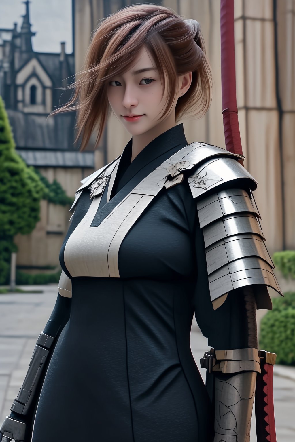 irresistible-1girl, (((physically-realistic, Hyper Realistic))), mix-of-hair-styles, mix-of-natural-blemishes, zelr, (((casual))), Samuraniji, samurai, deep-v-neck, intricate-blue-armor, full-samurai-armor, plated-shoulder-pads, holding-weapon, holding-katana, attack-pose, (((relaxed))), white background, ((castle-couryard)), optimal-lighting, shot-on-50mm, remarkable-colors,,<lora:659111690174031528:1.0>