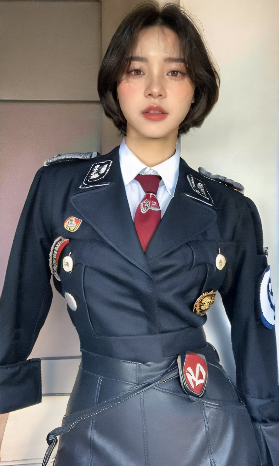 (glamour1.3) photo of a beautiful young expressive woman with messy_bobcut, BREAK wearing german/(military uniform/), red armband, necktie, short pencil skirt, BREAK (blush, blemishes:0.6), (goosebumps:0.5), subsurface scattering, detailed skin texture, hourglass body shape, textured skin, realistic dull skin noise, visible skin detail, skin fuzz, glossy skin, remarkable color, better_hands, (photorealistic, realistic:1.3), cowboy_shot, from below, natural_lighting, rule_of_thirds, Fujicolor_Pro_Film,