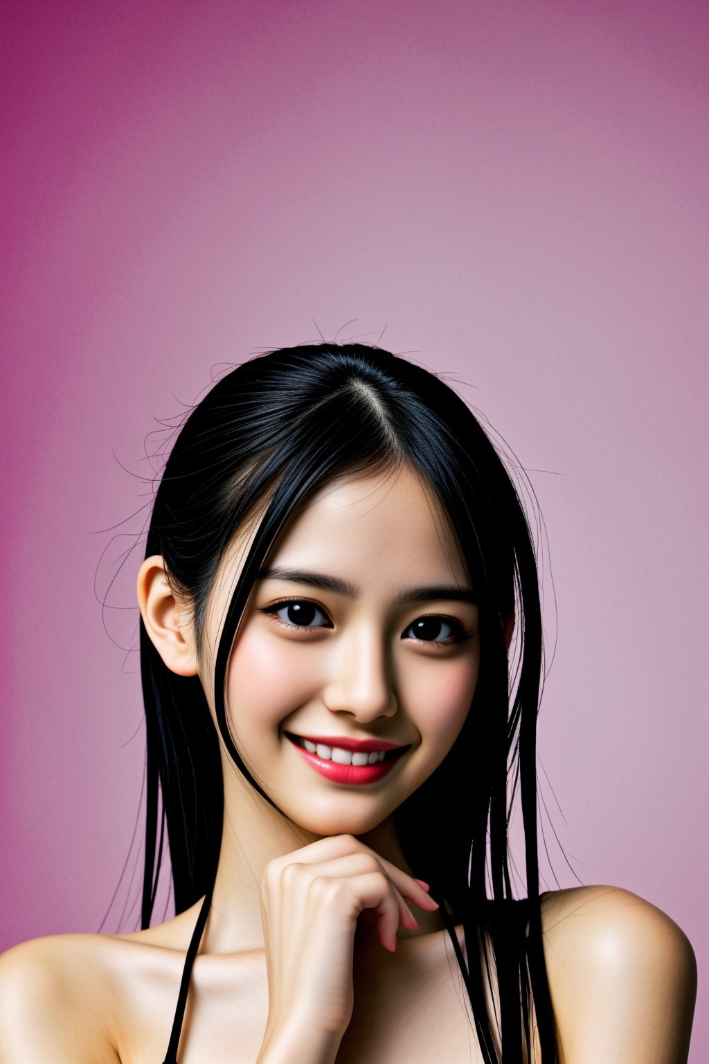 glamour shot of a breathtakingly beautiful teenage bishoujo girl, radiating an irresistible smile. Her messy hairstyle adds to her quirky charm. Her skin is rendered in stunning detail and realistic quality. The ultra-HD photo boasts remarkable colors, capturing every nuance. She's dressed casually for a unique dating dinner, posing relaxed with a supporting gesture, as if sharing a romantic moment. Against a creative abstract background, soft shadows play, accentuating her features. Inspired by umi_yakake, this Hyper Realistic masterpiece transports viewers to a world of beauty and intimacy.,<lora:659111690174031528:1.0>