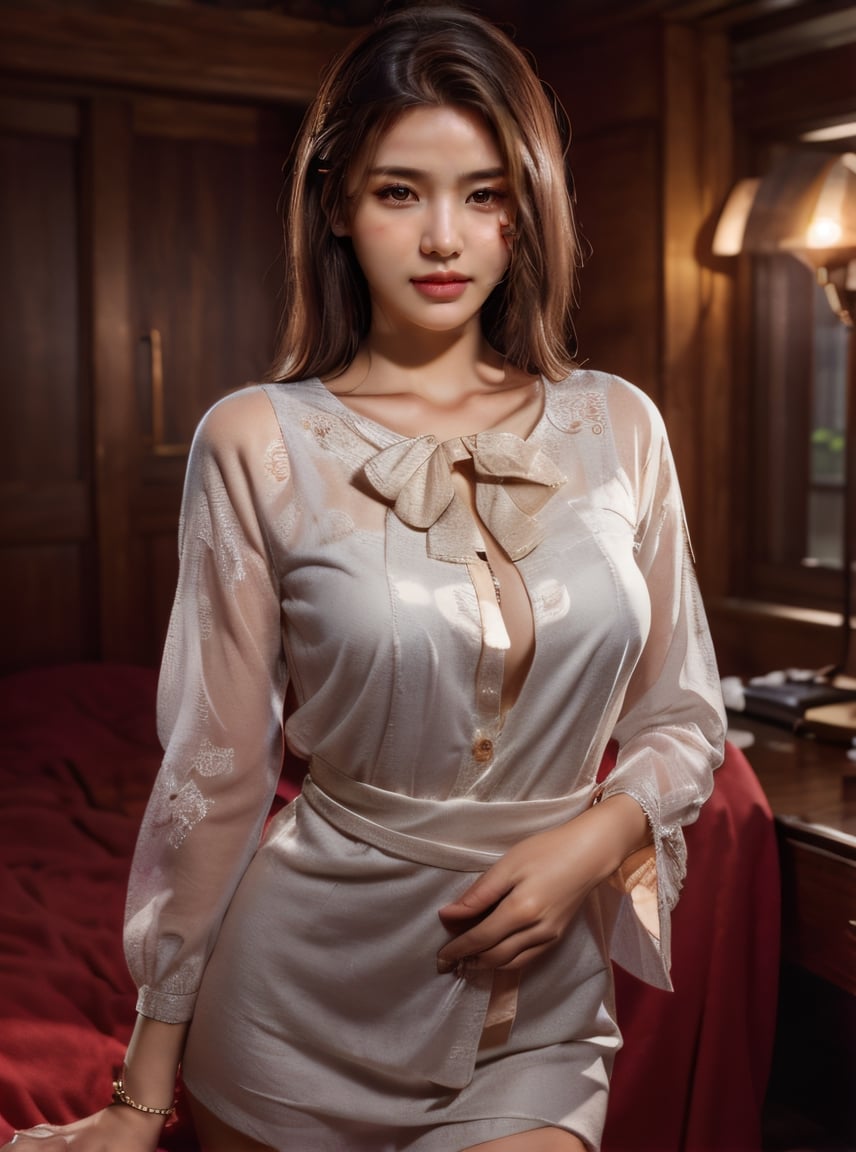 (glamour_photo:1.3) of a beautiful smiling model\(woman, girl, girlfriend\), age (thirties:1.7), 1girl, (blush:0.5), (goosebumps, blemishes:0.6), subsurface scattering, detailed skin texture, textured skin, realistic dull skin noise, visible skin detail, skin fuzz, dry skin, intricate_hands, realistic_fingernails, (absolute_cleavage, cleavage_gap, small_chests:0.45), hourglass body shape, BREAK wearing Bow-neck blouse with a pleated front and bracelet-length sleeves, elegant, BREAK Photorealistic, Hyperrealistic, Hyperdetailed, analog style, dramatic_lighting, subsurface scattering, realistic, heavy shadow, masterpiece, best quality, ultra-realistic, 8k, golden ratio, Intricate, High Detail, film photography, soft focus, cowboy_shot, sgb, SGBB, Striking Pose,