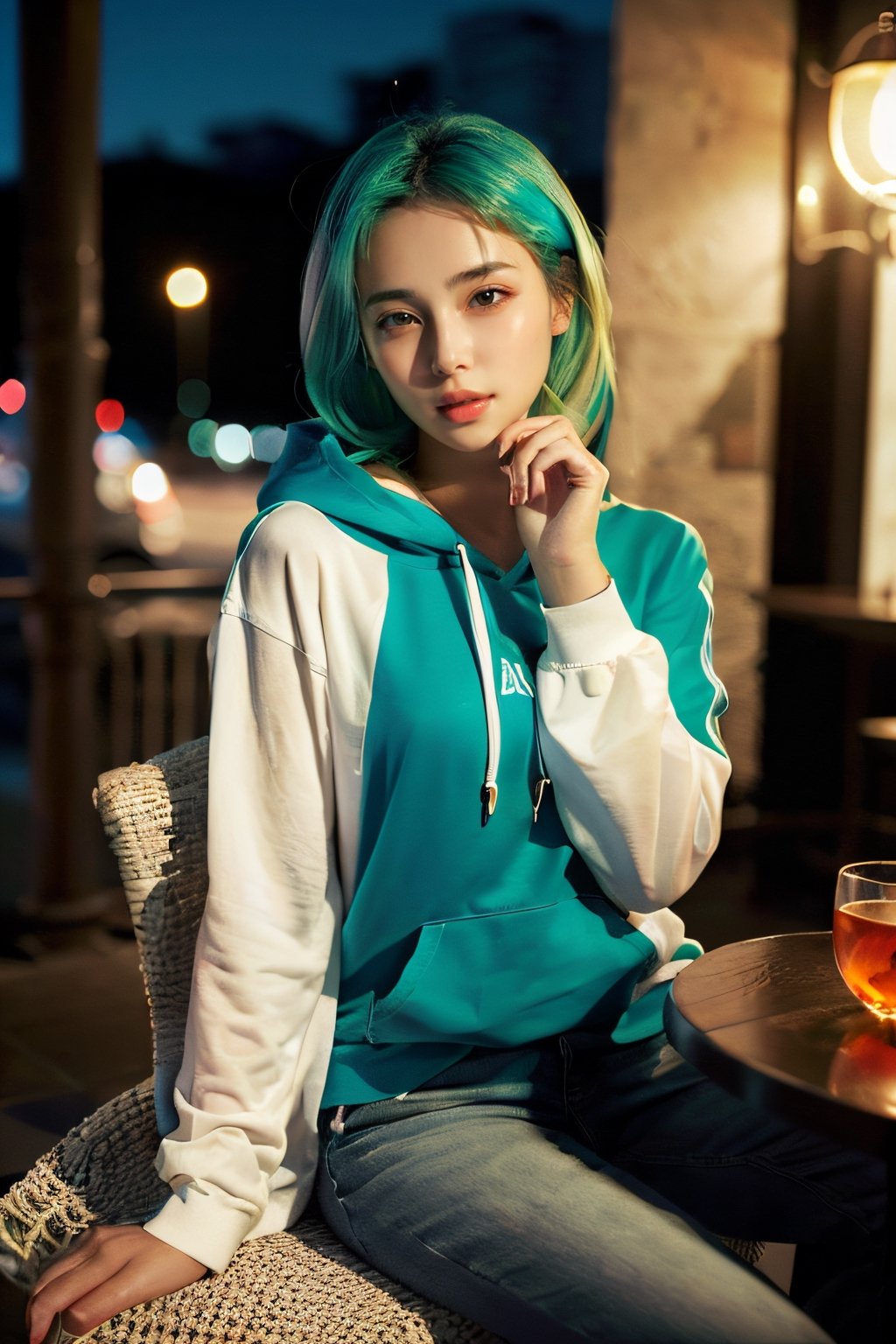 (beauty:1.3) photo of a beautiful woman\(girlfriend\) in her preteens, 1girl, white-turning-green hair, perfect fingers, (blush, blemishes:0.6), (goosebumps:0.5), subsurface scattering, detailed skin texture, textured skin, realistic dull skin noise, visible skin detail, skin fuzz, dry skin, exposed_face, (photorealistic, photorealism:1.37), BREAK tube with hoody on top, exposed_tummy, low_pants, skinny_jeans, BREAK (upper_body frame, close up:1.3), fixing her hair, sitting_down, on a date, looking_at_a_distant, looking_away, gdminteriorti luxury modern interior design, dining, seduction_impression, soft bounced lighting, nighttime, rule_of_thirds,