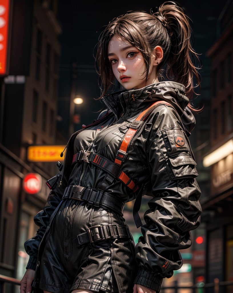 (high street fashion photography) photo of woman in her 20s, 1girl, {ponytail|(bun hair)}, (techwear jacket, Urban techwear, with buckle and tape), (blush:0.9), (goosebumps:0.5), beautiful, masterpiece, photorealistic, remarkable detailed pupils, realistic dull skin noise, visible skin detail, skin fuzz, dry skin, detailed clothing, slender, skin blemish, beautiful, masterpiece, hi-res, hdr, 8k, photorealistic, ultra realistic, ((gravure model posing for a picture)), (upper body from waist framing:1.2), (Futuristic City Streets: with city lights1.3), night time, natural lighting, (ray tracing:1.4), subsurface scattering, {from side|(shot from a dutch angle:1.6)}, shot on ALEXA 65, RAW photo, 50mm portrait lens, (Fujicolor Pro Film:1.3)