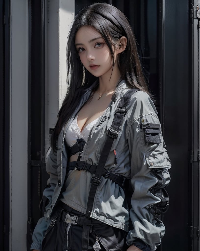 (glamour:1.2) photo of beautiful young woman, middle_parting_hairstyle, wearing {casual|elegant} Urban techwear, black-and-blue techwear jacket with pants and belt straps outfit, (blush:0.5), (goosebumps:0.5), subsurface scattering, iridescent eyes, detailed skin texture, slender_body, small chest, petite, absolute_cleavage, (photorealistic:1.5), masterpiece, remarkable color, ultra-realistic, textured skin, realistic dull skin noise, visible skin detail, skin fuzz, dry skin, upper_body from waist framing, posing for {lewd gravure|casual|fashion} picture, soft bounced lighting, ray tracing, shot at high angle, golden_ratio, ALEXA 65, Fujicolor Pro Film