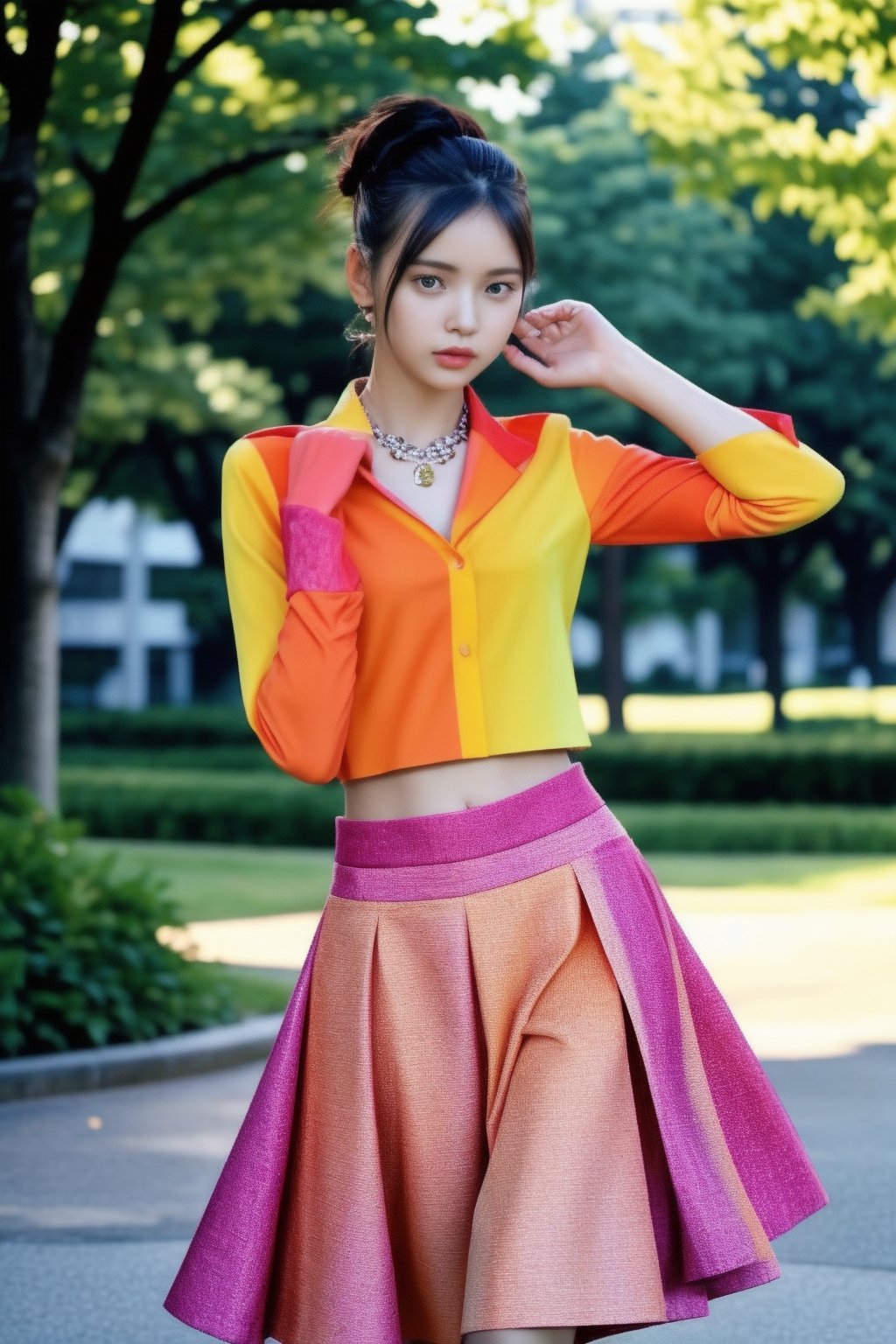 glamour photo of petite 1girl doing a mix of gravure poses at city-park, wears A vibrant, solid-colored collared shirt combined with a boldly patterned flared skirt in complementary colors Embrace color-blocking and add statement accessories, jewelry, umi_yakake, photo background, Enhance,<lora:659111690174031528:1.0>