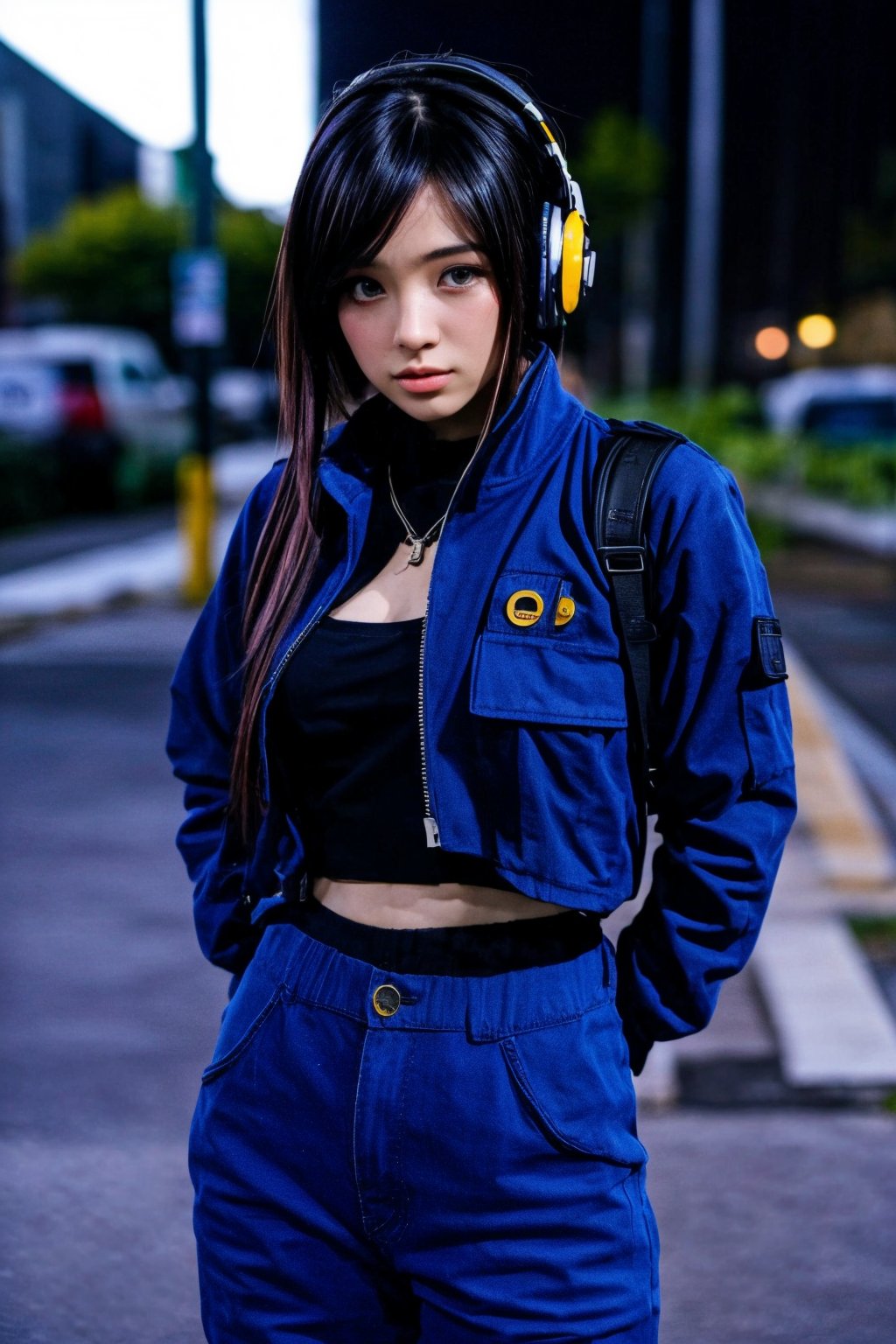 street-fashion-photo-of-1girl, bishoujo, mix-of-hair-styles, dangerous-physique, absolute-cleavage, urban techwear, open-jacket, blue-pants, finger-gloves, pouch, headphones, hair-ornamentals, jewelry, (((relaxed, ego-pov))), photo background, dramatic-natural-lighting,,<lora:659111690174031528:1.0>