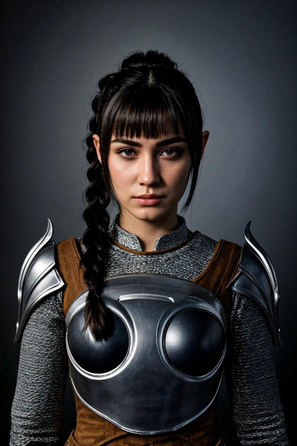 Photo-of-1girl, mix-of-hair-styles, dangerous-physique, pointy ears, braid, ponytail, hair ornament, scar, bangs, armor, shoulder armor, breastplate, pauldrons, jewelry, (((relaxed, ego-pov))), Enhance, photo background, dramatic-lighting,,<lora:659111690174031528:1.0>