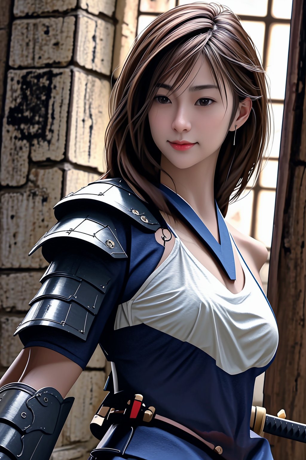 irresistible-1girl, (((physically-realistic))), mix-of-hair-styles, mix-of-natural-blemishes, zelr, (((casual))), Samuraniji, samurai, deep-v-neck, intricate-blue-armor, full-samurai-armor, plated-shoulder-pads, holding-weapon, holding-katana, attack-pose, (((relaxed))), white background, ((castle-couryard)), optimal-lighting, shot-on-50mm, remarkable-colors,,<lora:659111690174031528:1.0>