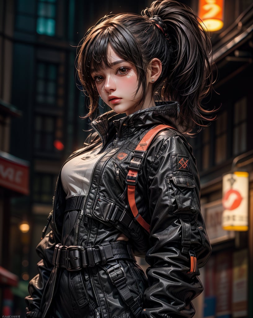 (high street fashion photography) photo of woman in her 20s, 1girl, {ponytail|(bun hair)}, (techwear jacket, Urban techwear, with buckle and tape), (blush:0.9), (goosebumps:0.5), beautiful, masterpiece, photorealistic, remarkable detailed pupils, realistic dull skin noise, visible skin detail, skin fuzz, dry skin, detailed clothing, slender, skin blemish, beautiful, masterpiece, hi-res, hdr, 8k, photorealistic, ultra realistic, ((gravure model posing for a picture)), (upper body from waist framing:1.2), (Futuristic City Streets: with city lights1.3), night time, natural lighting, (ray tracing:1.4), subsurface scattering, {from side|(shot from a dutch angle:1.6)}, shot on ALEXA 65, RAW photo, 50mm portrait lens, (Fujicolor Pro Film:1.3)