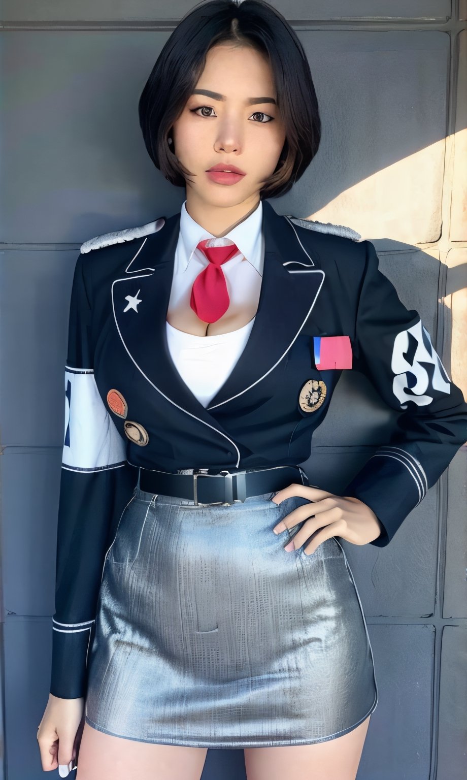 (glamour1.3) photo of a beautiful young expressive woman with messy_bobcut, BREAK wearing german/(military uniform/), red armband, necktie, short pencil skirt, BREAK (blush, blemishes:0.6), (goosebumps:0.5), subsurface scattering, detailed skin texture, absolute_cleavage, hourglass body shape, textured skin, realistic dull skin noise, visible skin detail, skin fuzz, glossy skin, remarkable color, better_hands, (photorealistic, realistic:1.3), (cowboy_shot:1.2), from below, natural_lighting, rule_of_thirds, Fujicolor_Pro_Film,