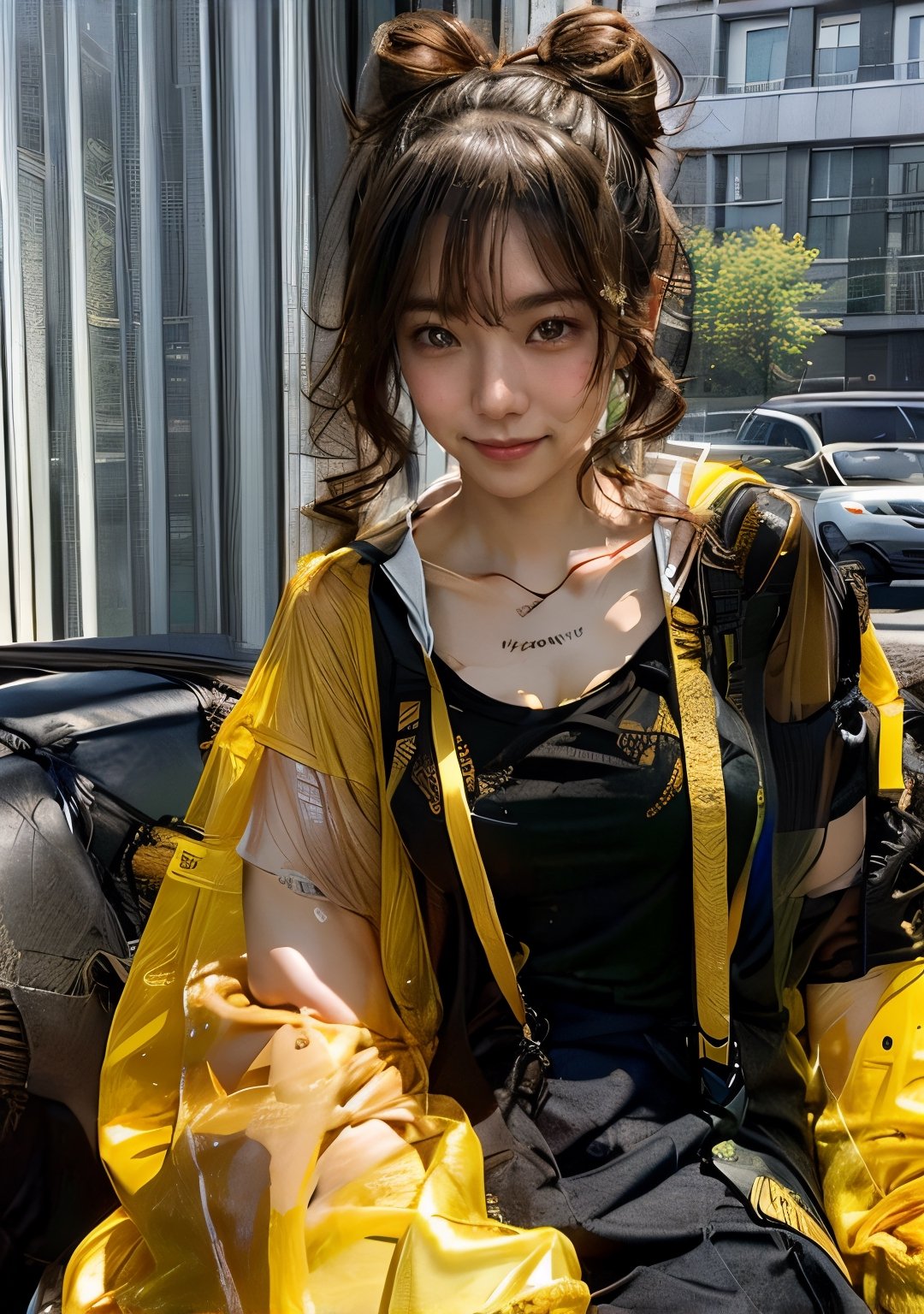 (glamour1.2) photo of a beautiful shy young woman with messy bun_hair and a clear collarbone, sitting on a couch with knees up in a luxurious living room, BREAK wearing Urban techwear outfit,  yellow jacket with black see-through undershirt, headphones and backpack, (blush, blemishes:0.6), (goosebumps:0.5), subsurface scattering, iridescent eyes, detailed skin texture, hourglass body shape, textured skin, realistic dull skin noise, visible skin detail, skin fuzz, dry skin, photorealistic, remarkable color, (photorealistic, SFW:1.3), (upper body framing:1.3), soft fill lighting, golden_ratio, Fujicolor_Pro_Film,