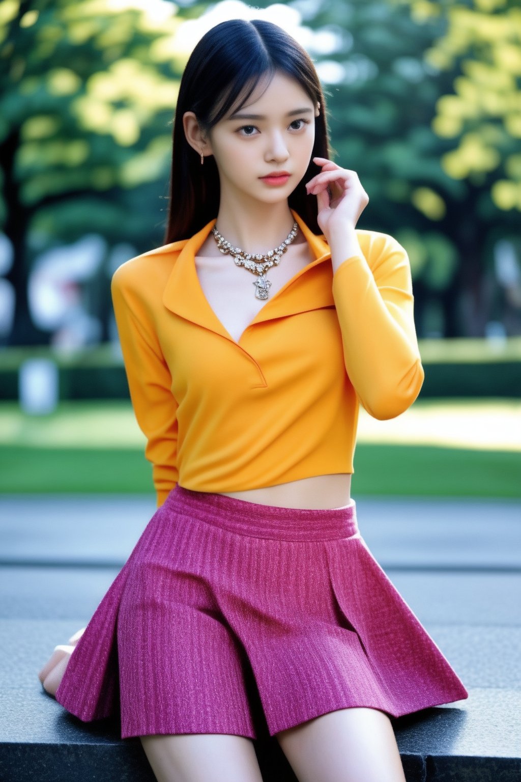 glamour photo of petite 1girl doing a mix of gravure poses at city-park, wears A vibrant, solid-colored collared shirt combined with a boldly patterned flared skirt in complementary colors Embrace color-blocking and add statement accessories, jewelry, umi_yakake, photo background, Enhance,<lora:659111690174031528:1.0>