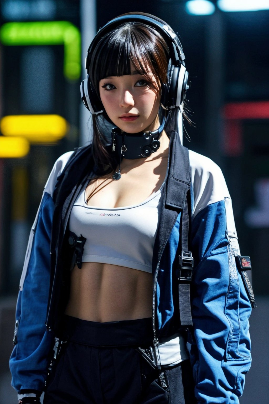 street-fashion-photo-of-1girl, bishoujo, mix-of-hair-styles, dangerous-physique, absolute-cleavage, urban techwear, open-jacket, blue-pants, finger-gloves, pouch, headphones, hair-ornamentals, jewelry, (((relaxed, ego-pov))), photo background, dramatic-natural-lighting,,<lora:659111690174031528:1.0>