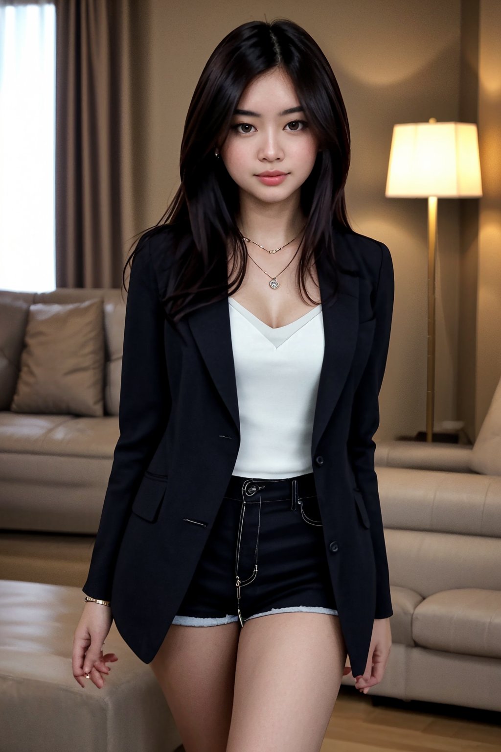 irresistible-1girl, preteen-sophto, black-hair, mix-of-hair-styles, officelady-outfit, open-black-blazer, shorts, jewelry, (((dating-pov))), Enhance, school-university, indoors-at-noon, soft-key-lighting, photo background, multi_effects,<lora:659111690174031528:1.0>