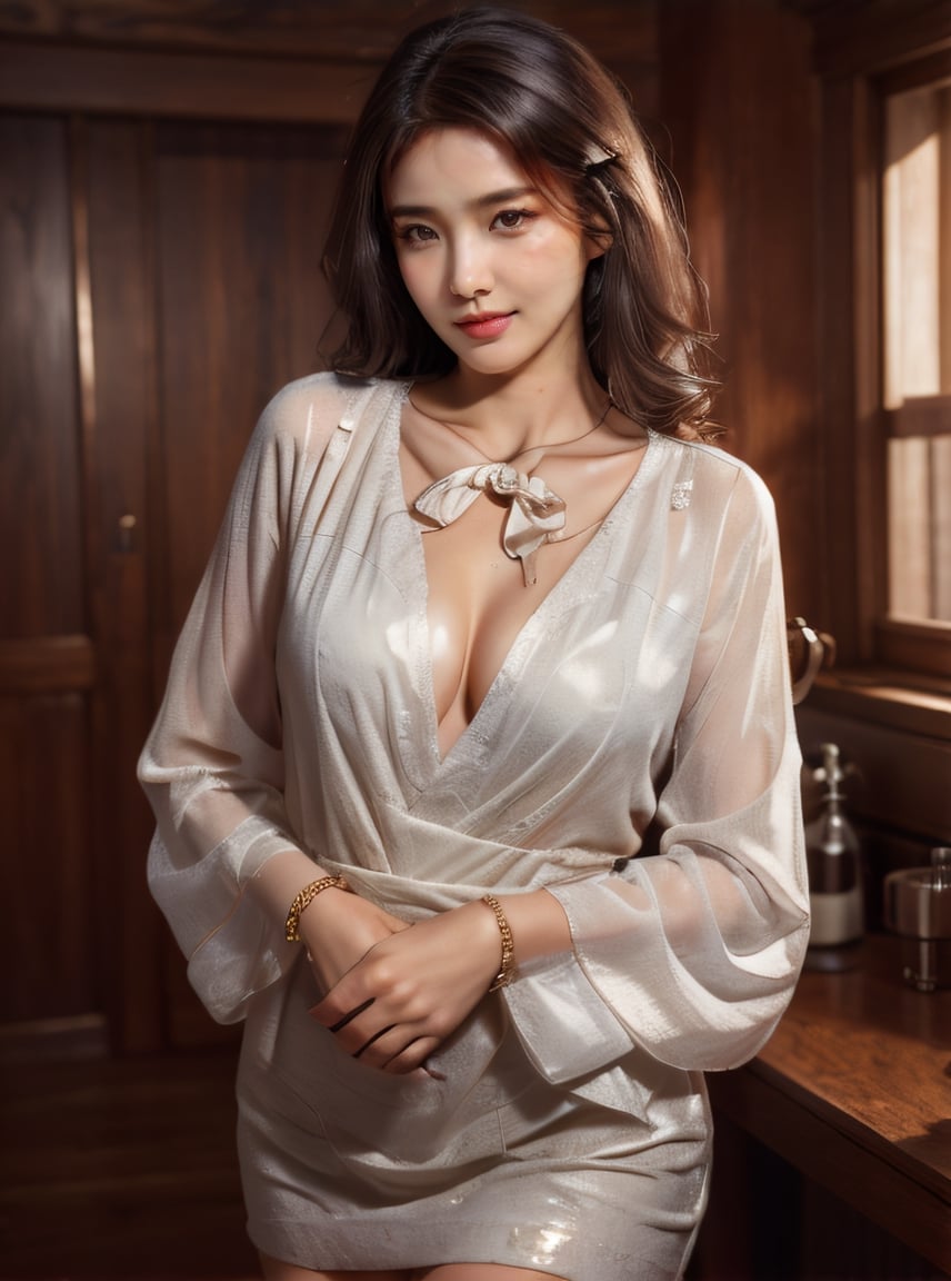 (glamour_photo:1.3) of a beautiful smiling model\(woman, girl, girlfriend\), age (thirties:1.7), 1girl, (blush:0.5), (goosebumps, blemishes:0.6), subsurface scattering, detailed skin texture, textured skin, realistic dull skin noise, visible skin detail, skin fuzz, dry skin, intricate_hands, realistic_fingernails, (absolute_cleavage, cleavage_gap, small_chests:0.45), hourglass body shape, BREAK wearing Bow-neck blouse with a pleated front and bracelet-length sleeves, elegant, BREAK Photorealistic, Hyperrealistic, Hyperdetailed, analog style, dramatic_lighting, subsurface scattering, realistic, heavy shadow, masterpiece, best quality, ultra-realistic, 8k, golden ratio, Intricate, High Detail, film photography, soft focus, cowboy_shot, sgb, SGBB, Striking Pose,