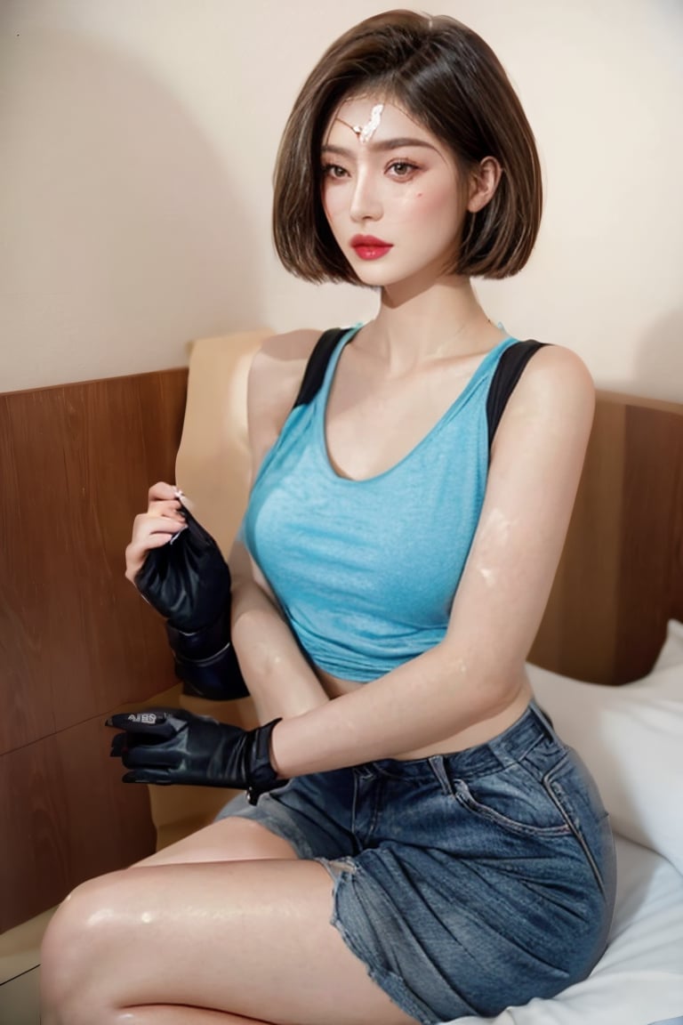(glamour:1.3) photo of a beautiful (seductive and daring:1.2) model\(woman, girl, girlfriend\), 1girl, sliced_bobcut, realistic detailed skin, skin blemish, skin_veins, dry_skin, detailed eyes, detailed hand, (absolute_cleavage, breast_gap:0.25), (small asymmetrical perky breasts:0.8), hourglass body shape, Enhance, Extremely Realistic, wonder beauty, sgb, SGBB, masterpiece, intricate_detail, realistic, RAW Photo, analog style, analog photo, BREAK wearing jillre3new, necklace, tank top, shoulder holster, pants, belt, holster, thigh strap, thigh pouch, fingerless gloves, BREAK cowboy_shot, (sitting, cross-legged:1.3), front door area, edge_lighting, shot on Kodak Vision3 IMAX by Walker Evans, BBImp,