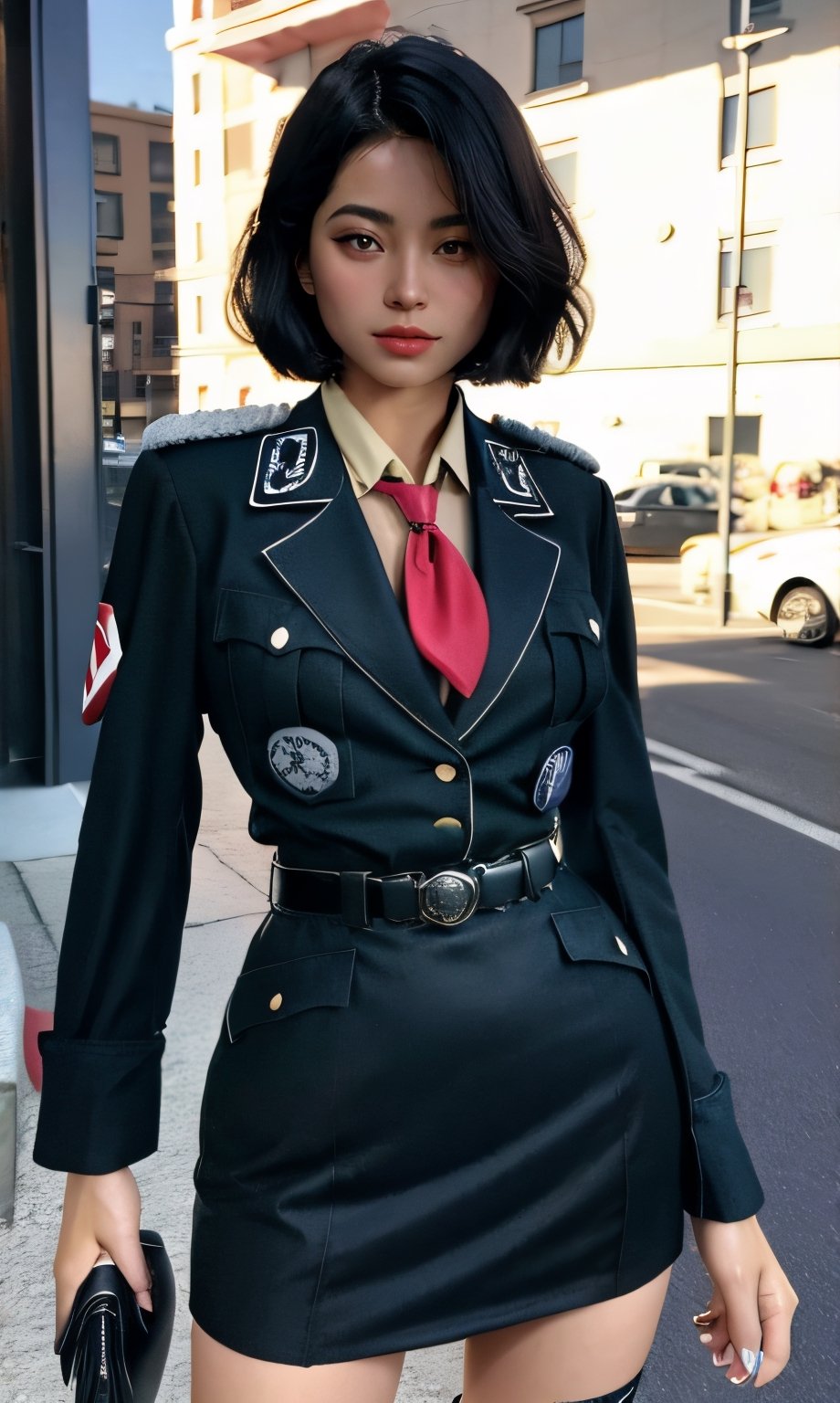 (glamour1.3) photo of a beautiful young expressive woman with messy_bobcut, BREAK wearing german/(military uniform/), red armband, necktie, short pencil skirt, BREAK (blush, blemishes:0.6), (goosebumps:0.5), subsurface scattering, detailed skin texture, hourglass body shape, textured skin, realistic dull skin noise, visible skin detail, skin fuzz, glossy skin, remarkable color, better_hands, (photorealistic, realistic:1.3), cowboy_shot, from below, natural_lighting, rule_of_thirds, Fujicolor_Pro_Film,