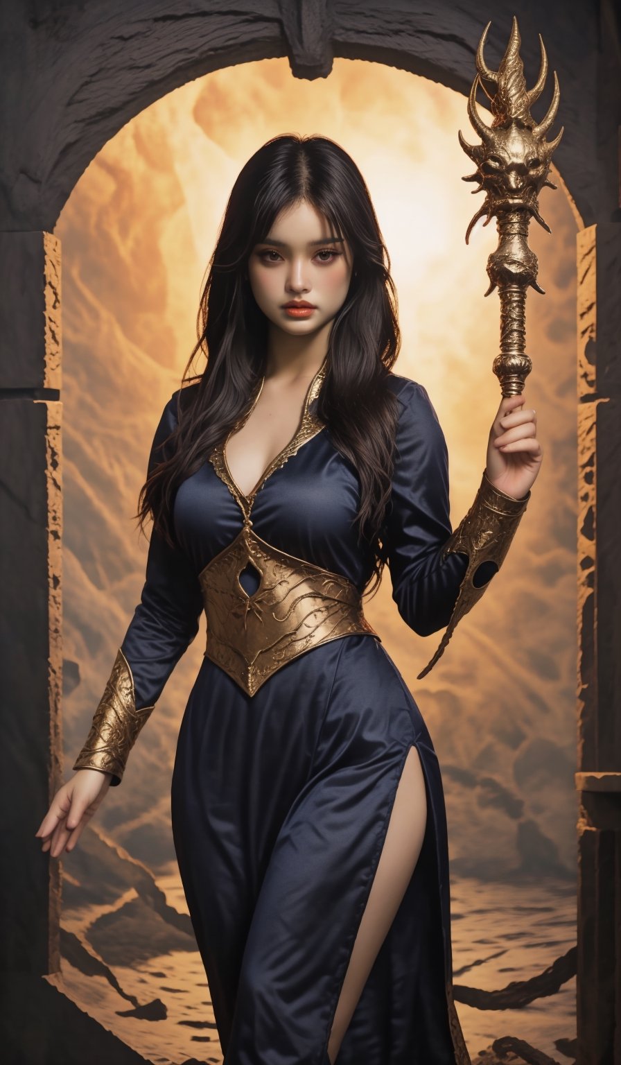 1girl-in-her-20s, shameless-bishoujo, mix-of-natural-hair-styles, parted-lips, dangerous-physique, no-virgin-anymore, realistic-detailed-skin, (((Ultra-HD-photo-same-realistic-quality-details))), remarkable-colors, short-dress, wizard-outfit, holding-staff, casting-spells, (((relaxed))), fantasy-battlefield, optimal-lighting, Daughter of Dragon God, fabetwns, nodf_lora,<lora:659111690174031528:1.0>