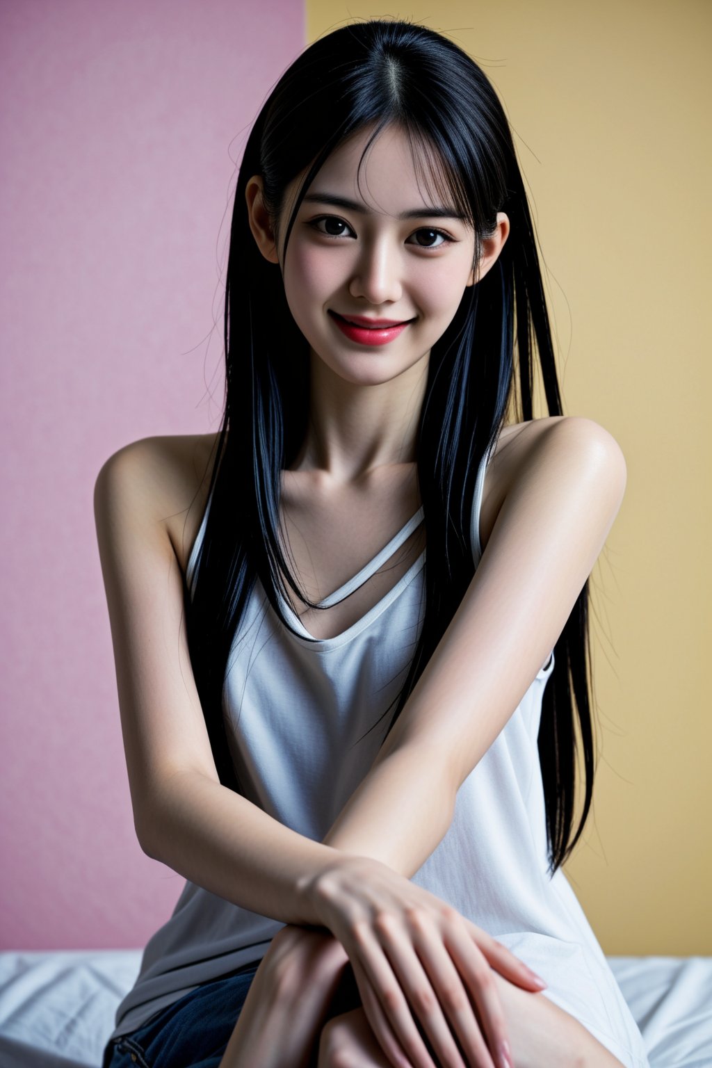 Candid shot of a breathtakingly beautiful teenage bishoujo girl, radiating an irresistible smile. Her messy hairstyle adds to her quirky charm. Her skin is rendered in stunning detail and realistic quality. The ultra-HD photo boasts remarkable colors, capturing every nuance. She's dressed casually for a unique dating dinner, posing relaxed with a supporting gesture, as if sharing a romantic moment. Against a creative abstract background, soft shadows play, accentuating her features. Inspired by umi_yakake, this Hyper Realistic masterpiece transports viewers to a world of beauty and intimacy.,<lora:659111690174031528:1.0>