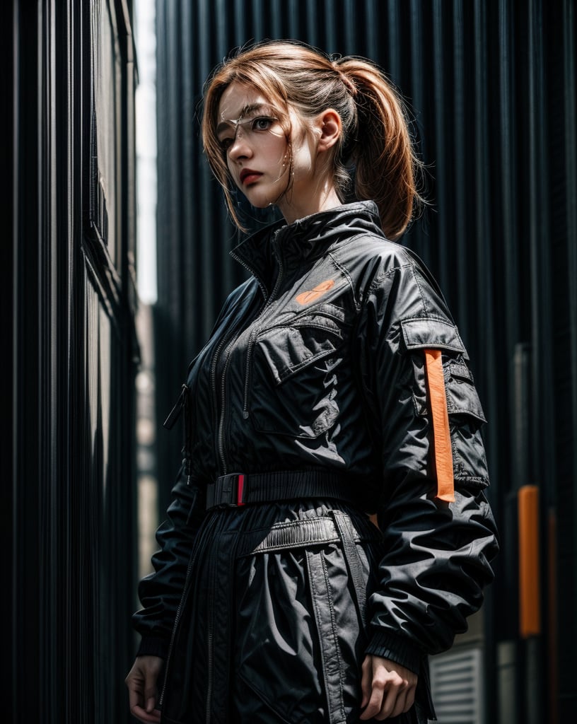 (high street fashion photography) photo of woman in her 20s, 1girl, {ponytail|(bun hair)}, (techwear jacket, with buckle and tape), (blush:0.9), (goosebumps:0.5), beautiful, masterpiece, photorealistic, remarkable detailed pupils, realistic dull skin noise, visible skin detail, skin fuzz, dry skin, detailed clothing, slender, skin blemish, beautiful, masterpiece, hi-res, hdr, 8k, photorealistic, ultra realistic, ((gravure model posing for a picture)), (upper body from waist framing:1.2), (Futuristic City Streets:1.3), night time< soft natural lighting, (ray tracing:1.4), subsurface scattering, {from side|(shot from a dutch angle:1.6)}, shot on ALEXA 65, RAW photo, 50mm portrait lens, in the style of Walker Evans,Urban techwear