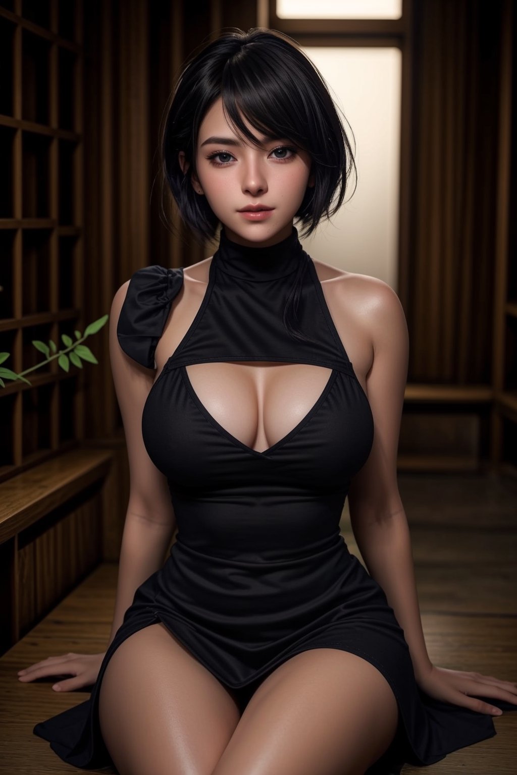 (((beauty)))-moment-of-irresistible-1girl, bishoujo-in-her-20s, unique-messy-hairstyle, hair-bow, realistic-detailed-skin, (((Ultra-HD-photo-same-realistic-quality-details))), remarkable-colors, purple-fashion, halter-turtleneck-dress, sleeveless-short-dress, overly-tight-skirt, unique-couples-pov, (((relaxed, supporting-pose))), unique-background, dramatic-rim-lighting, 2b, Sugar babe ,<lora:659111690174031528:1.0>