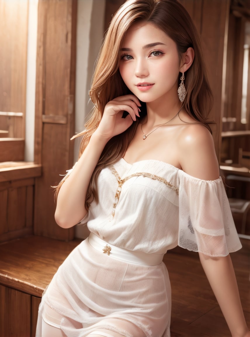 (glamour_photo:1.3) of a beautiful smiling model\(woman, girl\), (preteen:1.2), 1girl, (blush:0.5), (goosebumps, blemishes:0.6), subsurface scattering, detailed skin texture, textured skin, realistic dull skin noise, visible skin detail, skin fuzz, dry skin, perfect_hands, realistic_fingernails, feminine tone, (absolute_cleavage:0.45), remarkable colors, BREAK wearing Off-the-shoulder frilled blouse worn with a tulle long skirt and ballet flats, BREAK cowboy shot, (real, photorealistic:1.2), natural_lighting, RAW candid cinema, Stripper_Pose, 50mm lens, KAWAII, SGBB,