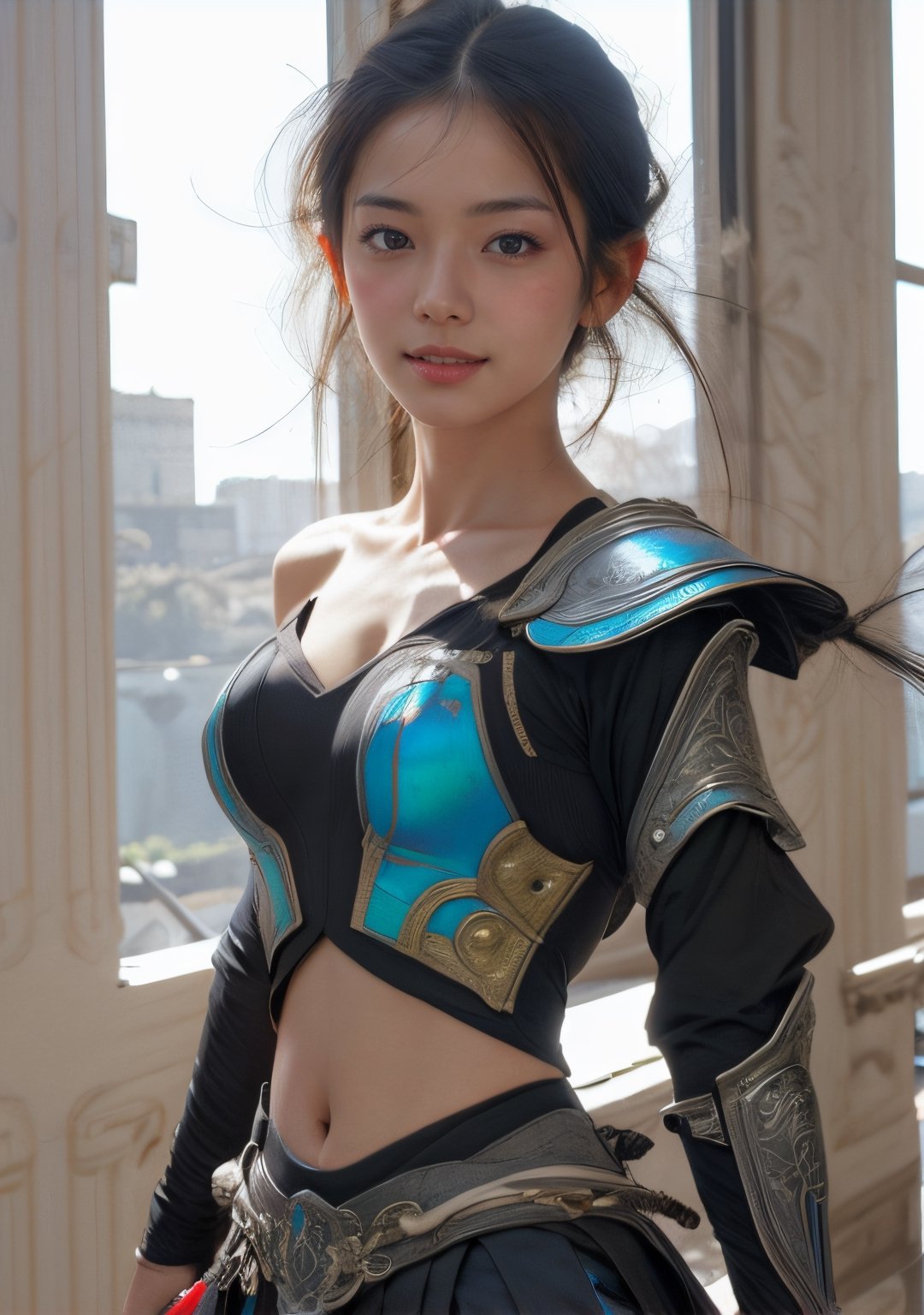 (glamour1.2) photo of a beautiful young woman with a clear collarbone, open_mouth, charging in front of a luxurious Osaka_castle, BREAK wearing (school_uniform:1.2), blue&gold, 1shoulder_armor, partial armor, wielding sword weapon, visible_tummy, (blush, blemishes:0.6), (goosebumps:0.5), subsurface scattering, iridescent eyes, detailed skin texture, hourglass body shape, textured skin, realistic dull skin noise, visible skin detail, skin fuzz, dry skin, petite, photorealistic, remarkable color, (photorealistic, SFW:1.3), (upper body framing:1.3), dramatic lighting, golden_ratio, Fujicolor_Pro_Film,