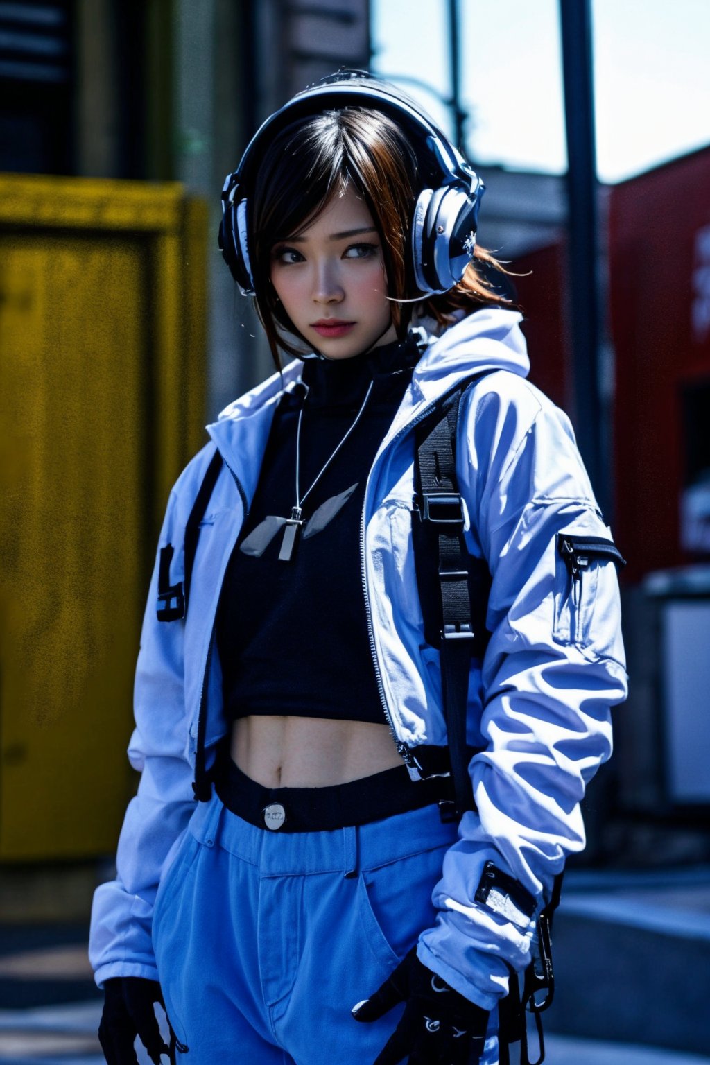 street-fashion-photo-of-1girl, bishoujo, mix-of-hair-styles, dangerous-physique, absolute-cleavage, urban techwear, open-jacket, blue-pants, finger-gloves, pouch, headphones, hair-ornamentals, jewelry, (((relaxed, ego-pov))), photo background, dramatic-natural-lighting,,<lora:659111690174031528:1.0>