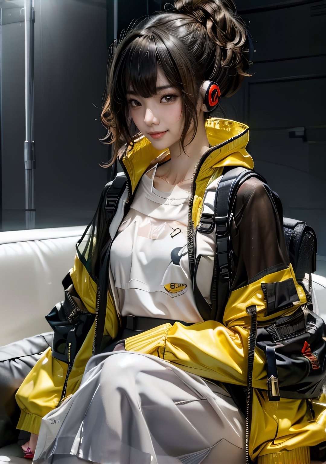 (glamour1.2) photo of a beautiful shy young woman with messy bun_hair and a clear collarbone, sitting on a couch with knees up in a luxurious living room, BREAK wearing Urban techwear outfit,  yellow jacket with black see-through undershirt, headphones and backpack, (blush, blemishes:0.6), (goosebumps:0.5), subsurface scattering, iridescent eyes, detailed skin texture, hourglass body shape, textured skin, realistic dull skin noise, visible skin detail, skin fuzz, dry skin, photorealistic, remarkable color, (photorealistic, SFW:1.3), (upper body framing:1.3), soft fill lighting, golden_ratio, Fujicolor_Pro_Film,