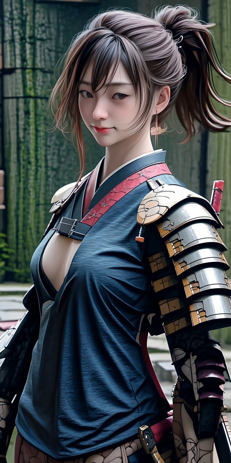 irresistible-1girl, (((physically-realistic, Hyper Realistic))), mix-of-hair-styles, mix-of-natural-blemishes, zelr, (((casual))), Samuraniji, samurai, deep-v-neck, intricate-blue-armor, full-plated-samurai-armor, shoulder-pads, holding-weapon, holding-katana, attack-pose, (((relaxed))), full-body, white background, ((japanese-couryard)), optimal-lighting, shot-on-50mm, remarkable-colors,,<lora:659111690174031528:1.0>