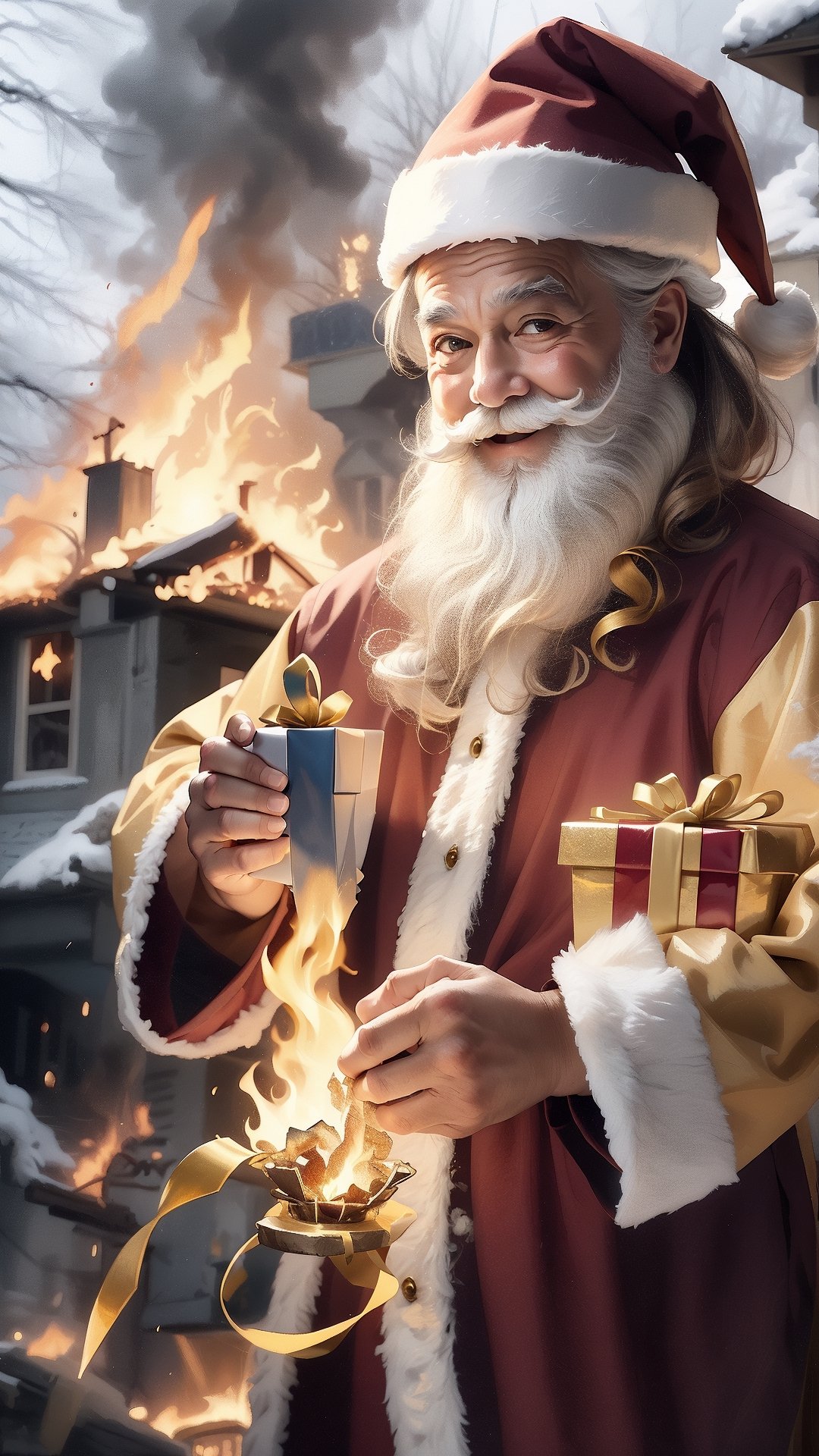 Highly detailed, High Quality, Masterpiece, beautiful, santa claus, man, gifts IncrsDisasterGirlMeme, fire, smile, outdoors, , santa claus, chirtsmas