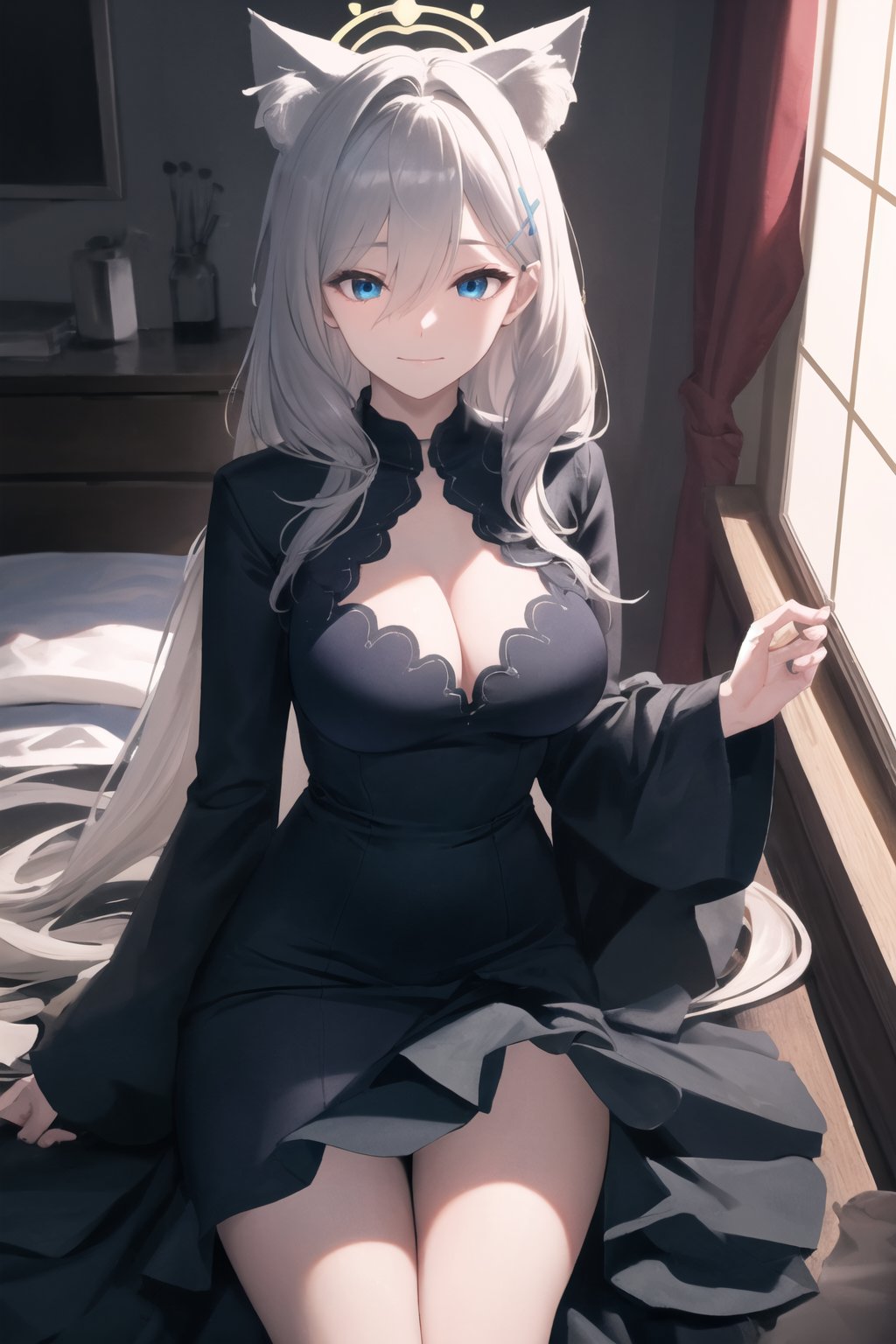 (Best Quality, 8K, ultra-detailed, Masterpiece: 1.3),  1girl, solo, looking at viewer, very long hair, blue eyes, hair between eyes, closed mouth, white hair, streaked hair, shiroko(terror), animal ear fluff, animal ears, shirokoterror, dress, smile, room, Landscape, halo, 