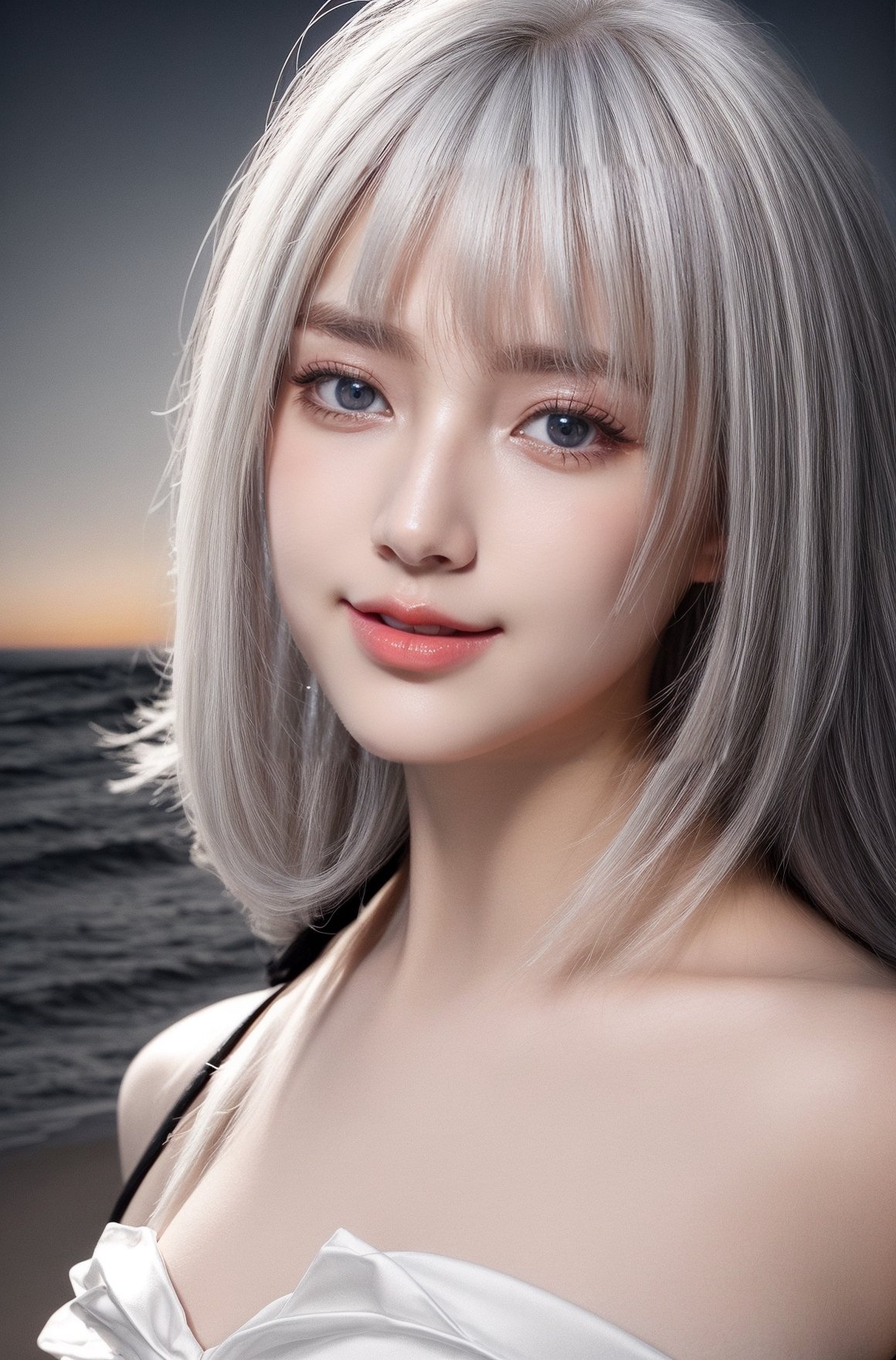 (8k, best quality, masterpiece), (ultra-detailed:1.1), (high detailed skin), bangs, 1girl, Elegant white dress with different details, watching, moonlit night on the beach, blue eyes, (white hair: 1.3), red eye shadow on the sides, smiling, high quality, clear, detailed and vivid colors, hands correct, full body