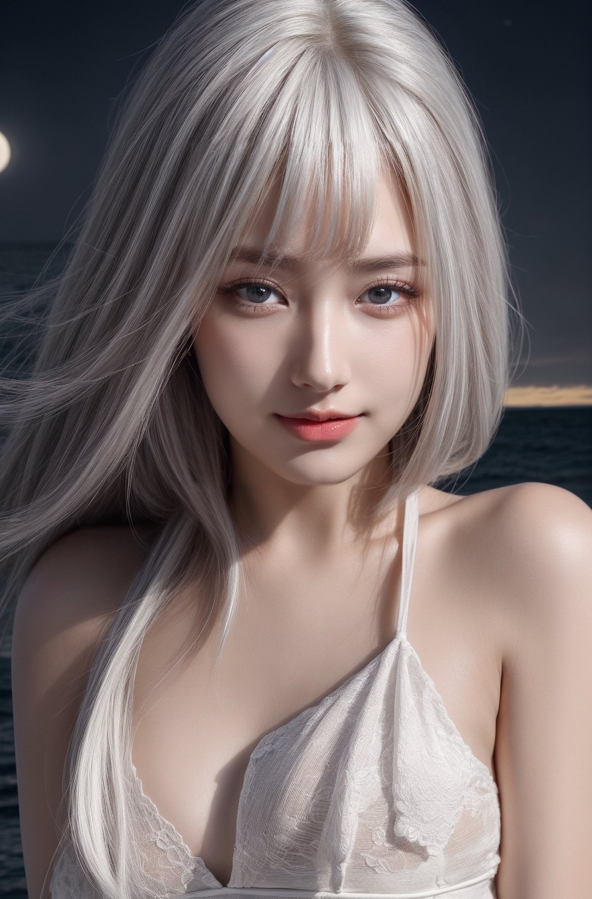 (8k, best quality, masterpiece), (ultra-detailed:1.1), (high detailed skin), bangs, 1girl, Elegant white dress with different details, watching, moonlit night on the beach, blue eyes, (white hair: 1.3), red eye shadow on the sides, smiling, high quality, clear, detailed and vivid colors, hands correct, full body