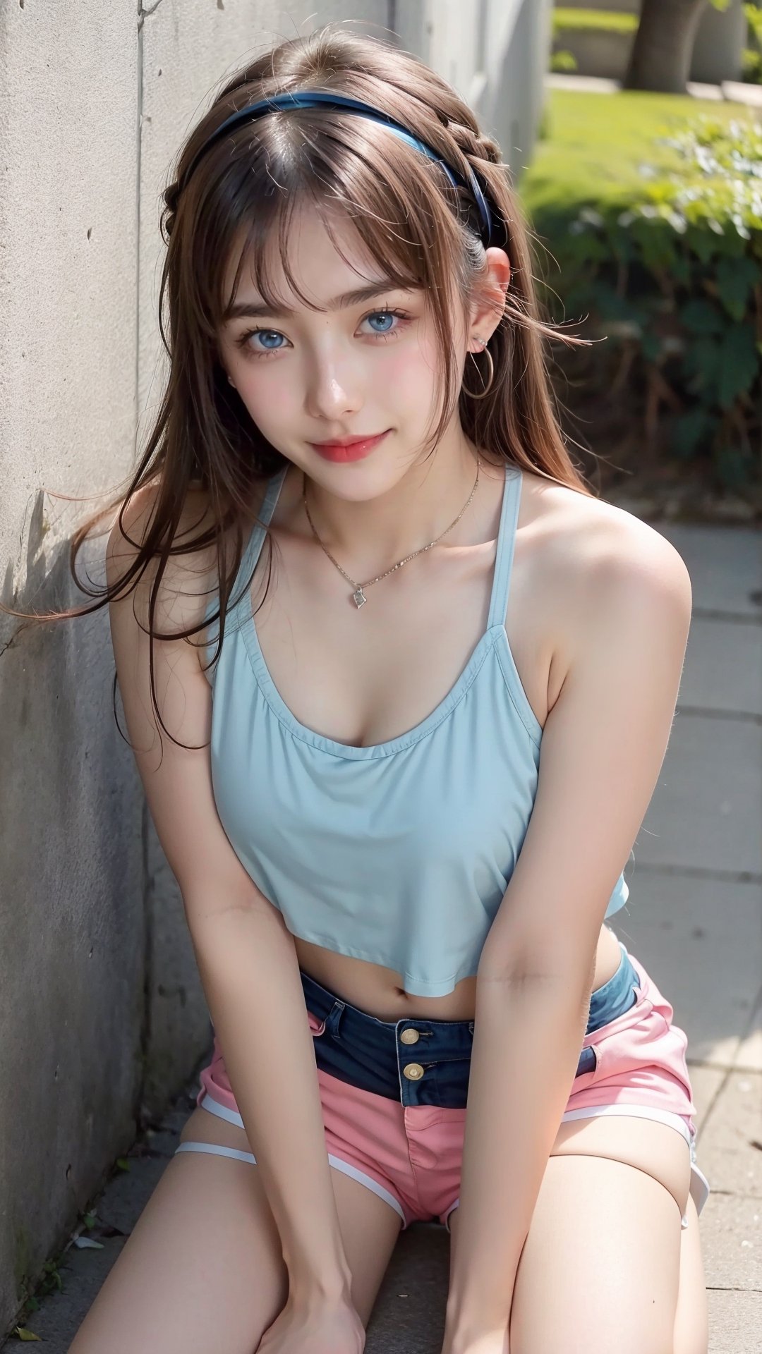 High Quality, Lossless, Clean, Raw, High Quality, Lossless, Clean, Raw, HD, girl, alone, clear lights, bangs in her hair, blue eyes, beautiful girl, 1girl, solo, long hair, breasts, blush, smile, hair, cleavage, blue eyes, medium breasts, hairband, earrings, shorts, short shorts, v, alternate hairstyle, tank top, hair down, dolphin shorts, pink shorts, anjou naruko