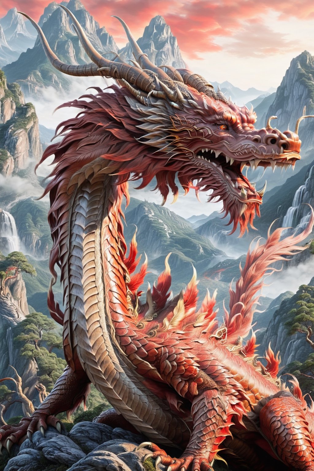 High Quality, Lossless, Clean, Raw, High Quality, Lossless, Clean, Raw, HD, Strange Dragón, 
Chinese dragon, dragon, red dragon, horns, teeth, realistic, 3D, dragón fire, Landscape, mountain, trees,more detail XL