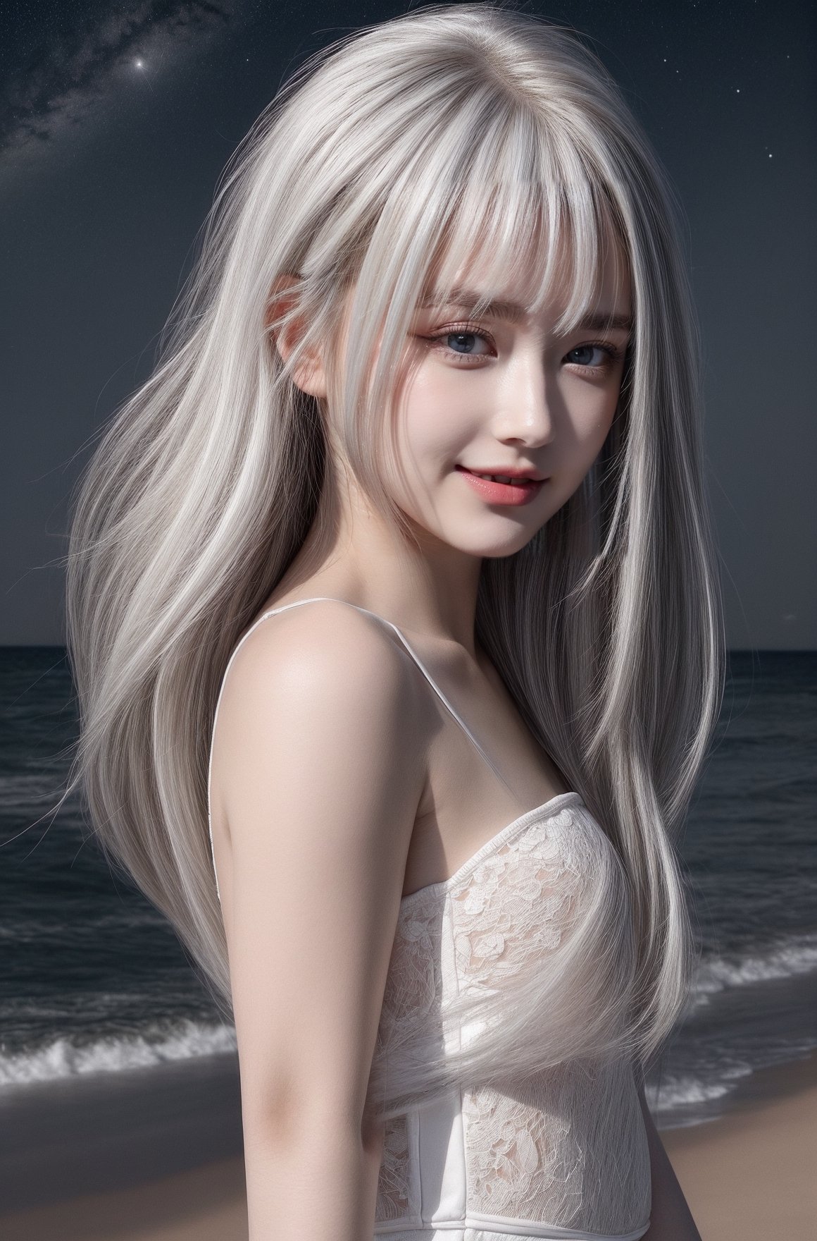 (8k, best quality, masterpiece), (ultra-detailed:1.1), (high detailed skin), bangs, 1girl, Elegant white dress with different details,  moonlit night on the beach, blue eyes, (white hair: 1.3), red eye shadow on the sides, smiling, high quality, detailed and vivid colors, hands correct, full body