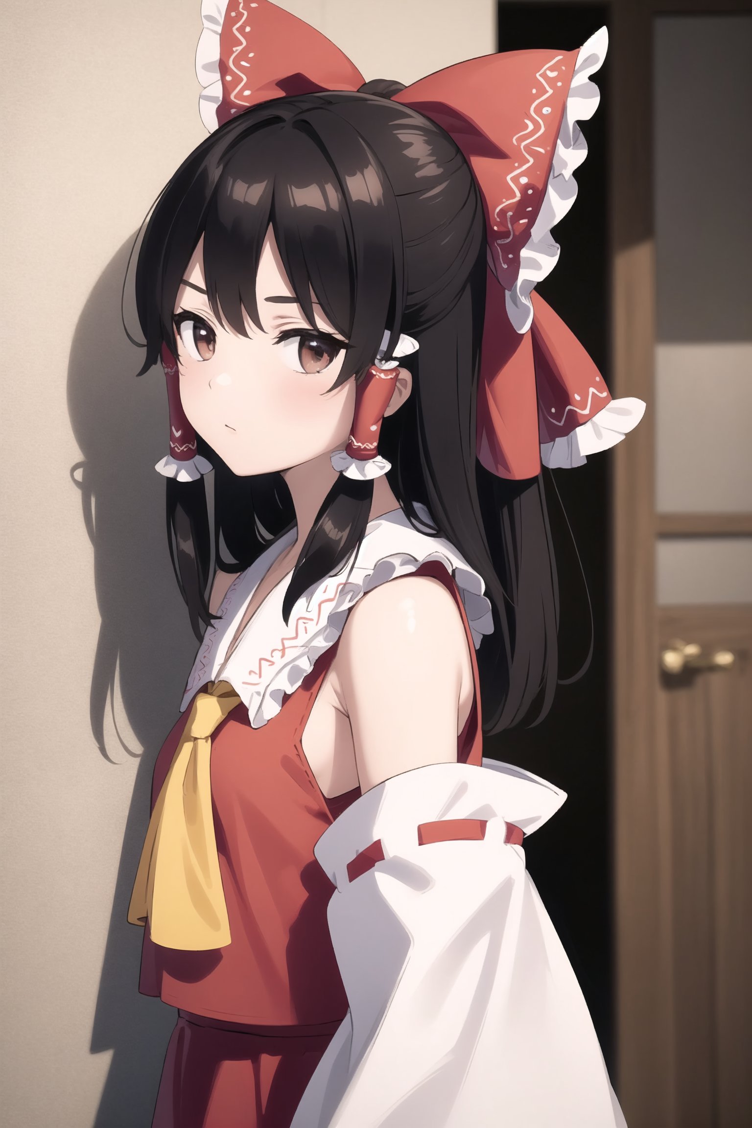 (Best Quality, 8K, ultra-detailed, Masterpiece: 1.3), brown hair, hair bow,hair tubes, tabard,long dress,hakurei reimu, high colors 