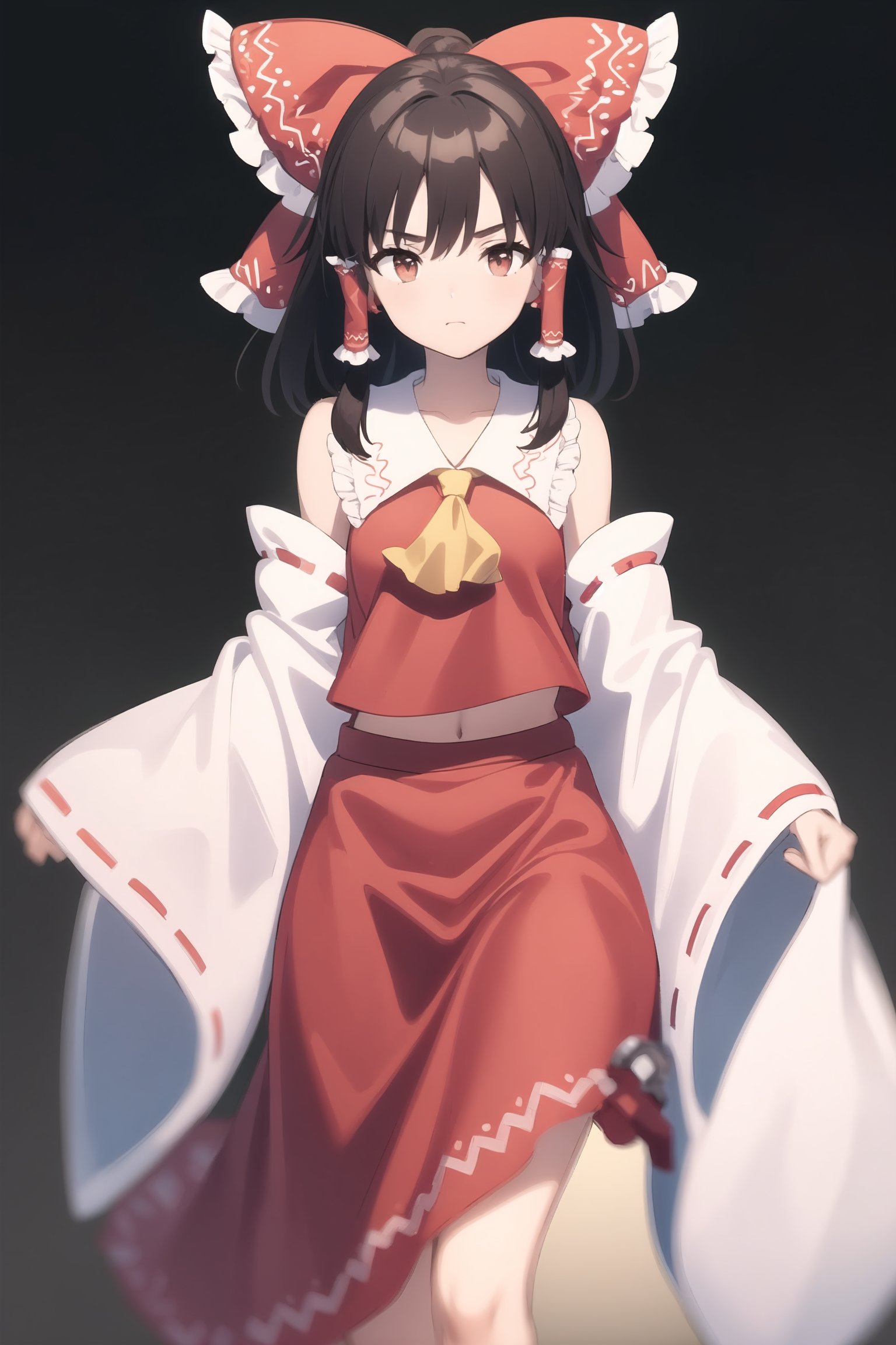 (Best Quality, 8K, ultra-detailed, Masterpiece: 1.3), brown hair, hair bow,hair tubes, tabard,long dress,hakurei reimu, high colors 