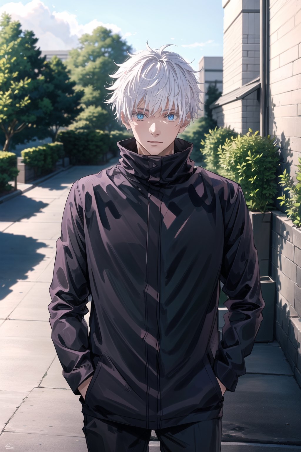 masterpiece,highres,high quality,extremely detailed,solo,outdoors, looking at viewer, SatoruGojo,1man, black jacket,popped collar,