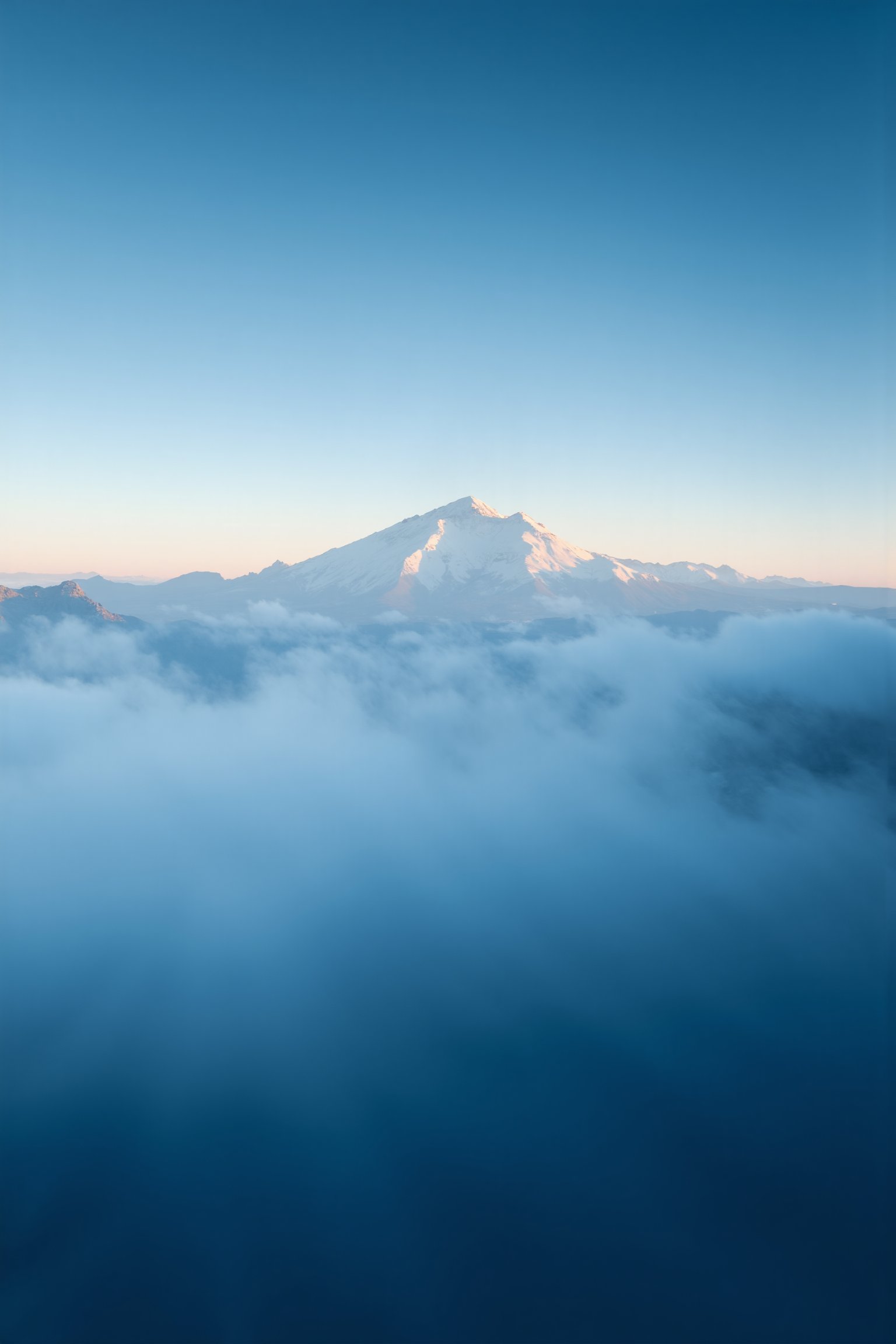 A serene, gradient blue background fills the frame, subtly shifting from light to dark, as a majestic mountain range rises in the distance, its snow-capped peaks glistening under the warm golden light of sunset.