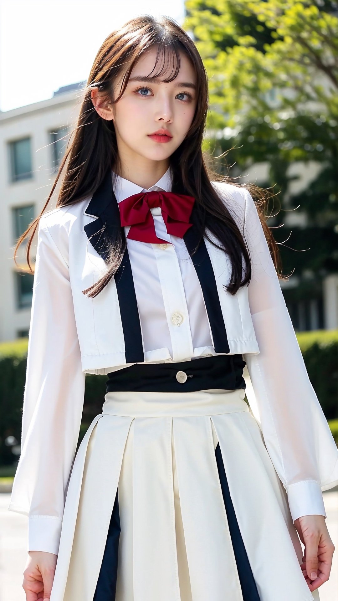 High Quality, Lossless, Clean, Raw, High Quality, Lossless, Clean, Raw, HD, girl, alone, clear lights, bangs in her hair, blue eyes, beautiful girl, anoa magic academy school uniform, shirt, white shirt, buttons, buttoned cuffs, jacket, white jacket, cropped jacket, bow, red bow, bowtie, red bowtie, long sleeves, puffy sleeves, skirt, red skirt, pleated skirt, shoes, arm belt, high-waist skirt, ascot, red ascot, solo