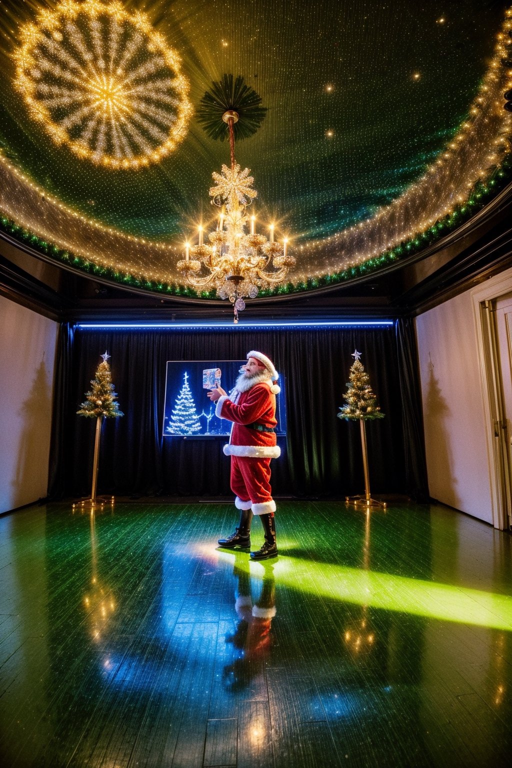 Futuristic christmas, in a big room, santa claus, christmas tree, interactive christmas holograms, diverse crowd, christmas lights, futuristic things, gifts, christmas, santa claus painting, 85mm lens, f/2.8, iso/400, realistic cyberpunk environment , immersive scene --v 5,Christmas, forest